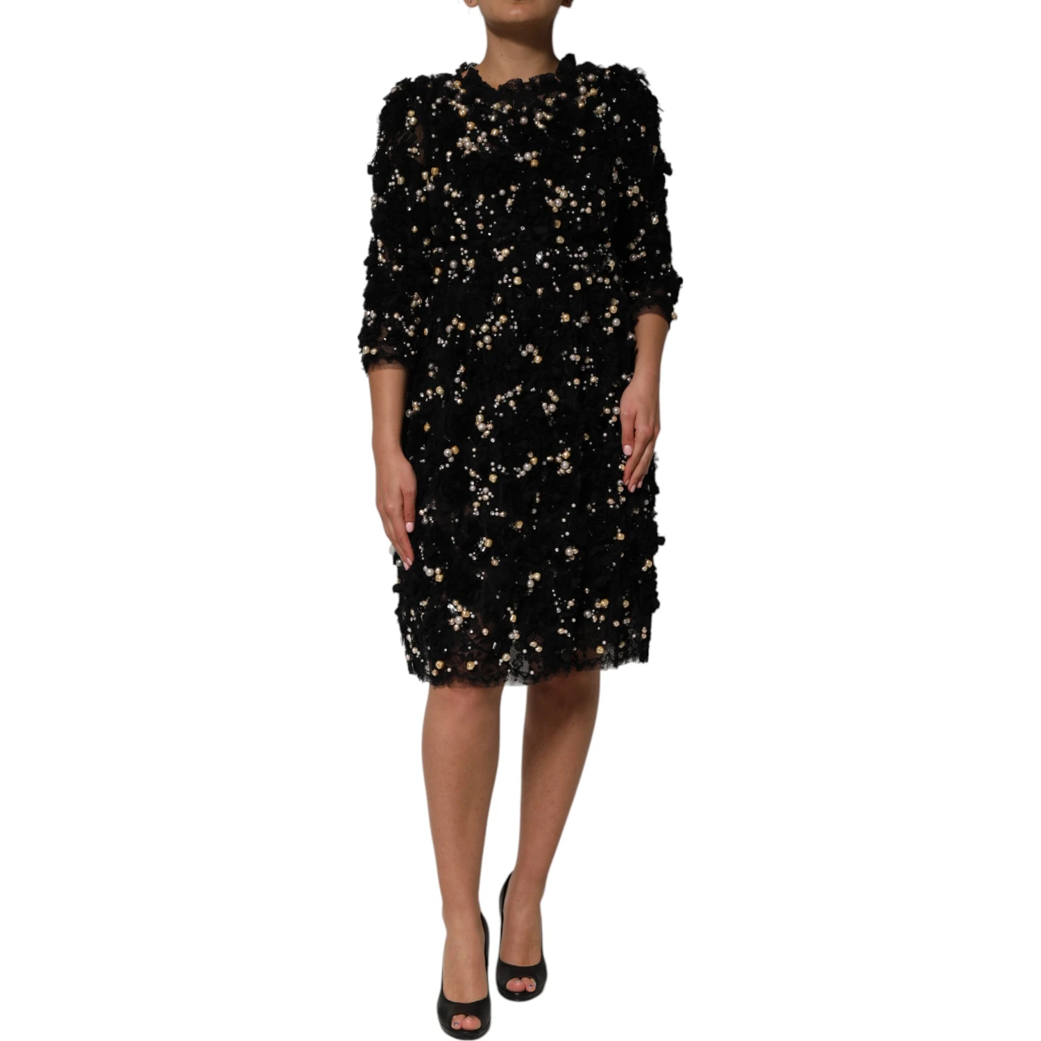 Black Viscose Pearl Embellishment Shift Dress
