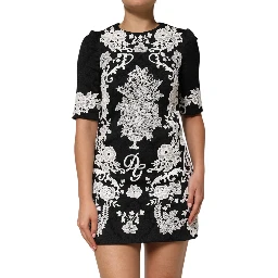 Black Lace Trim Short Sleeves A-line Dress