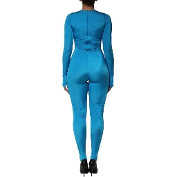 Blue Nylon Crew Neck Bodycon Jumpsuit Dress