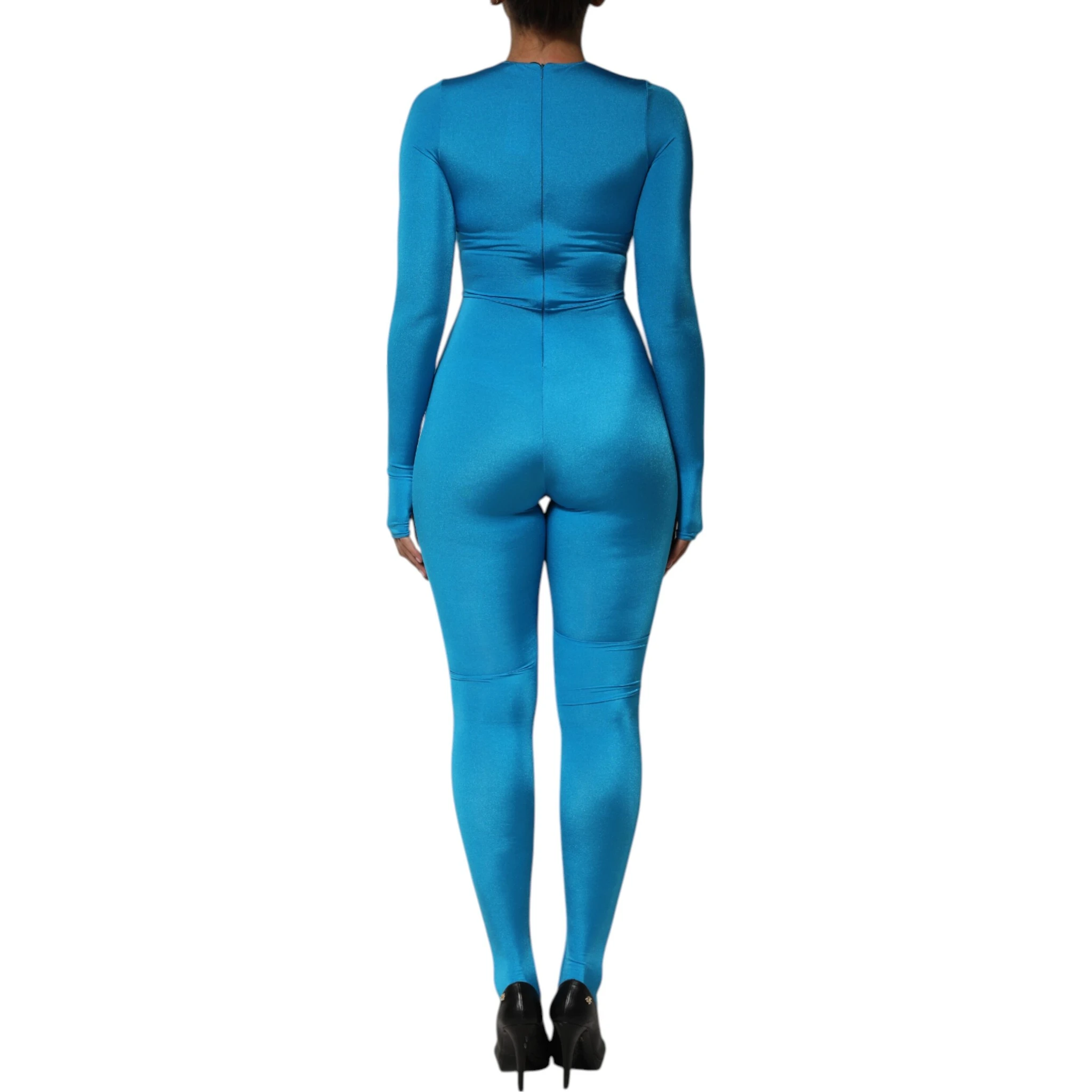 Blue Nylon Crew Neck Bodycon Jumpsuit Dress