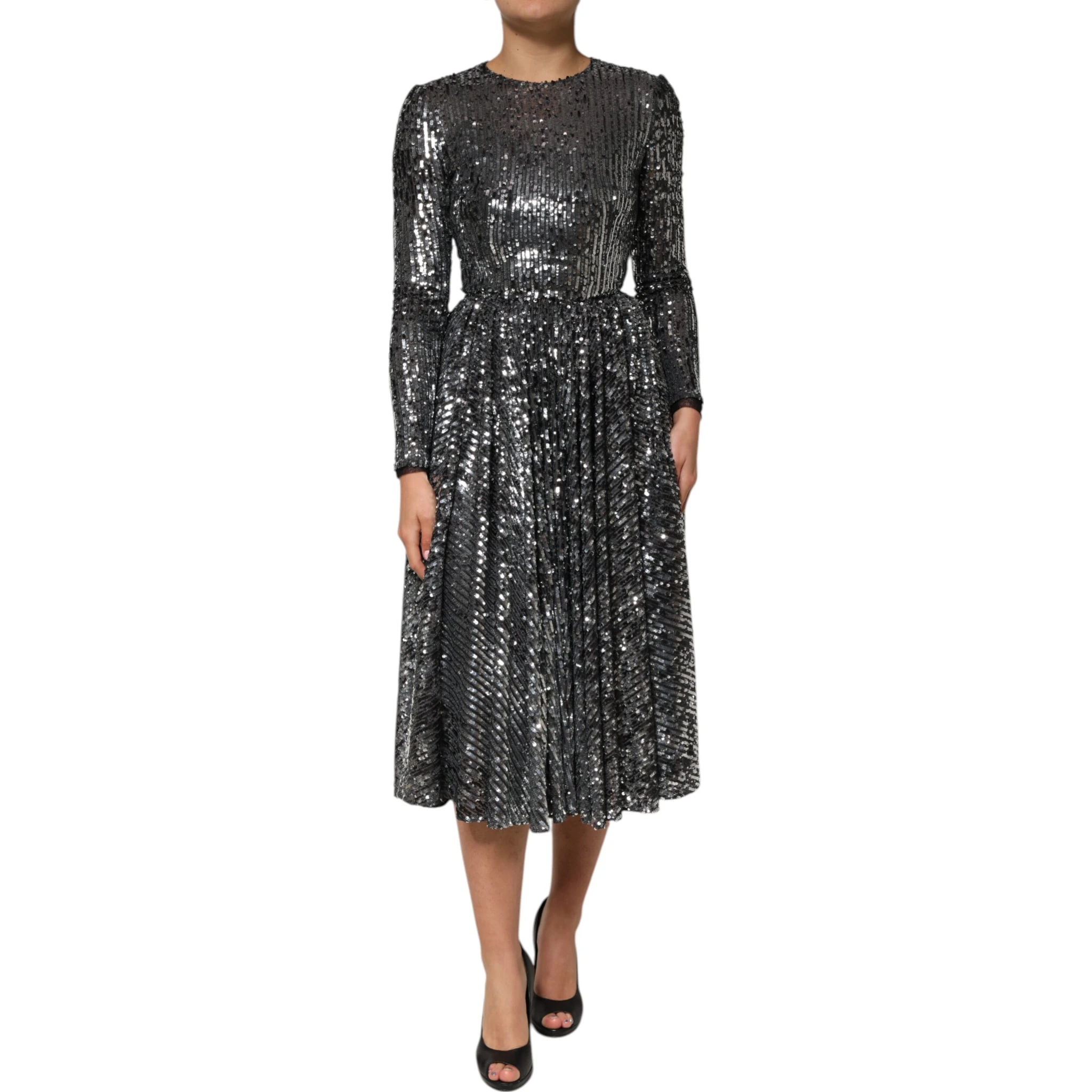 Black Sequined Long Sleeves Midi A-line  Dress