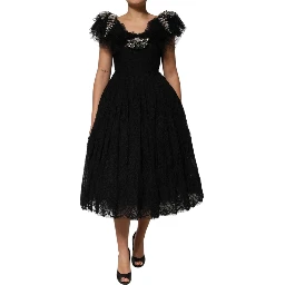 Black Crystal Embellished Midi A-line Dress