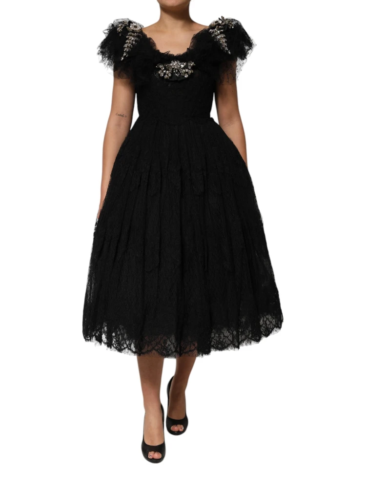 Black Crystal Embellished Midi A-line Dress