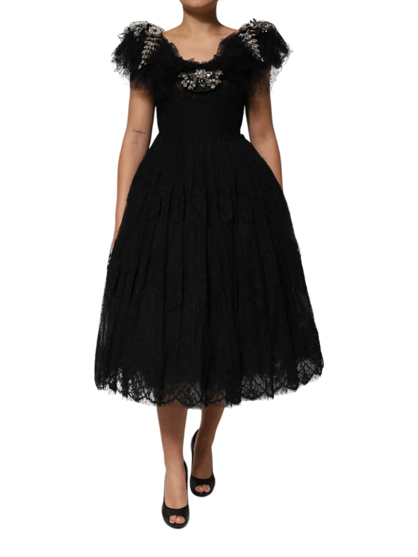Black Crystal Embellished Midi A-line Dress