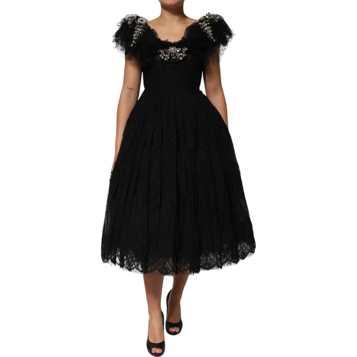 Black Crystal Embellished Midi A-line Dress