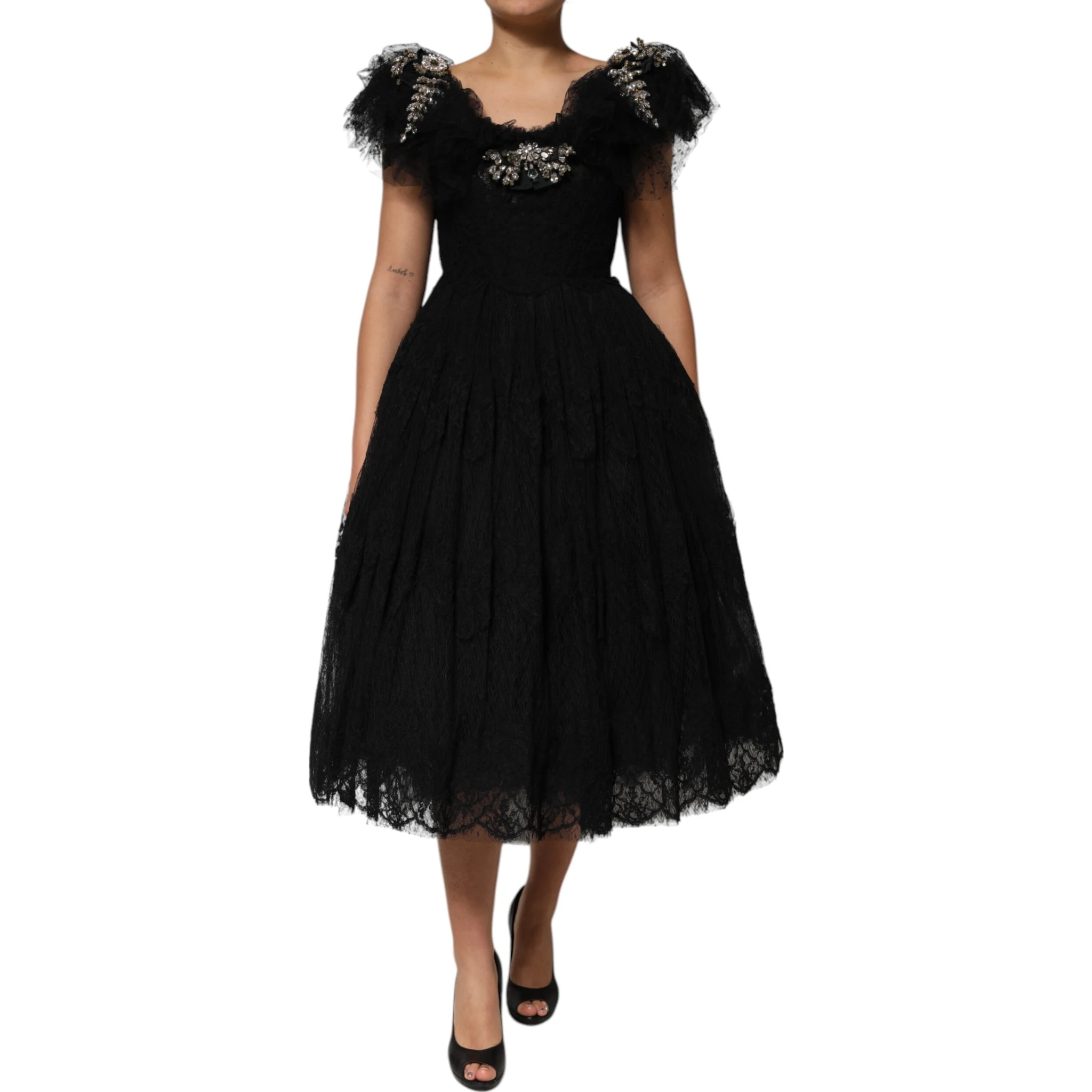 Black Crystal Embellished Midi A-line Dress