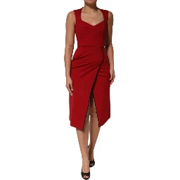 Red Viscose Stretch Slit Sheath Midi Dress