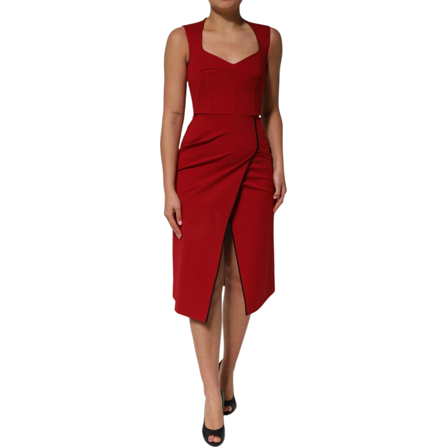Red Viscose Stretch Slit Sheath Midi Dress