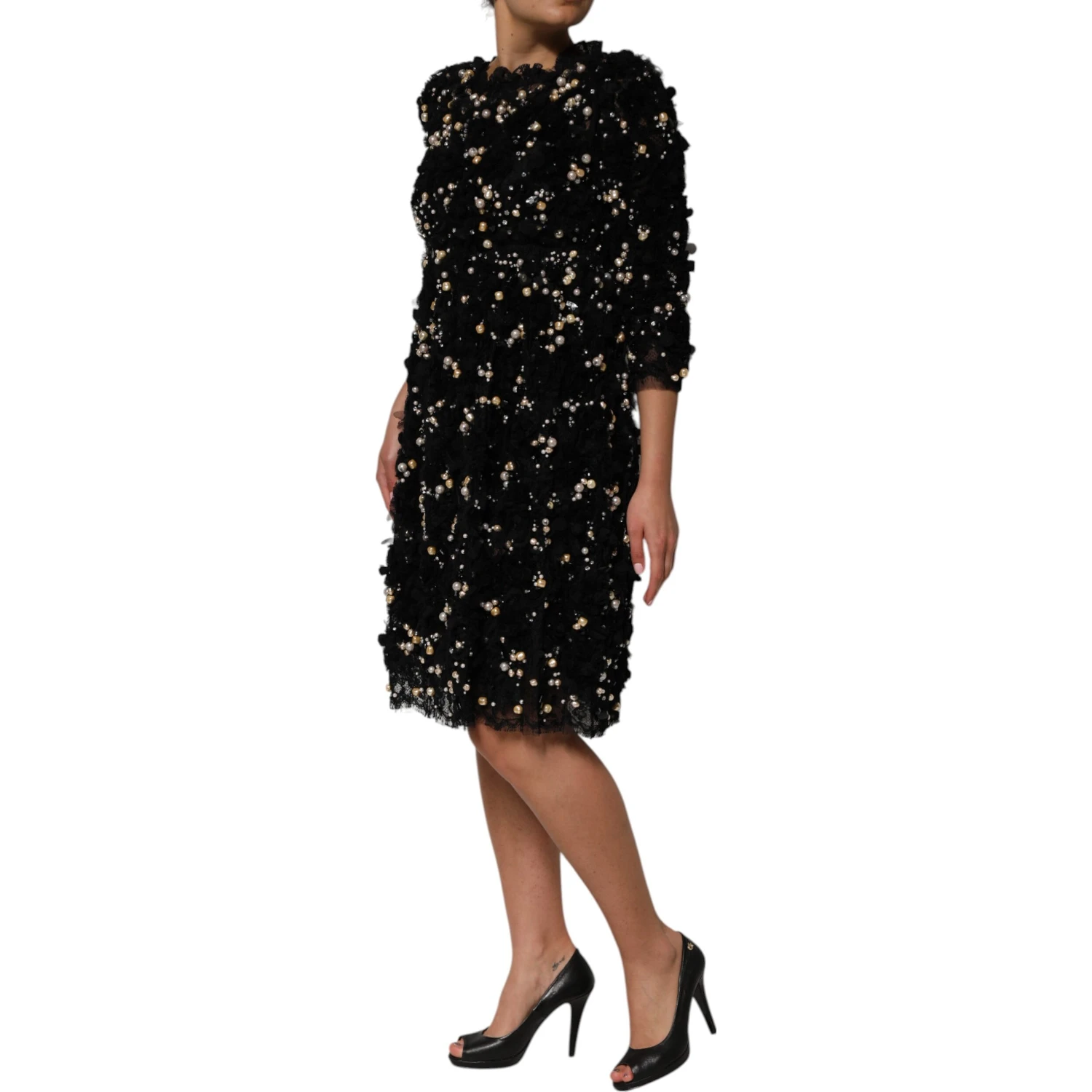 Black Viscose Pearl Embellishment Shift Dress