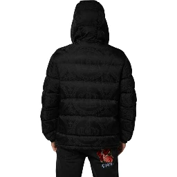Black Jacquard Quilted Puffer Hooded Jacket