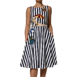 Blue White Striped Embroidered A-line Dress