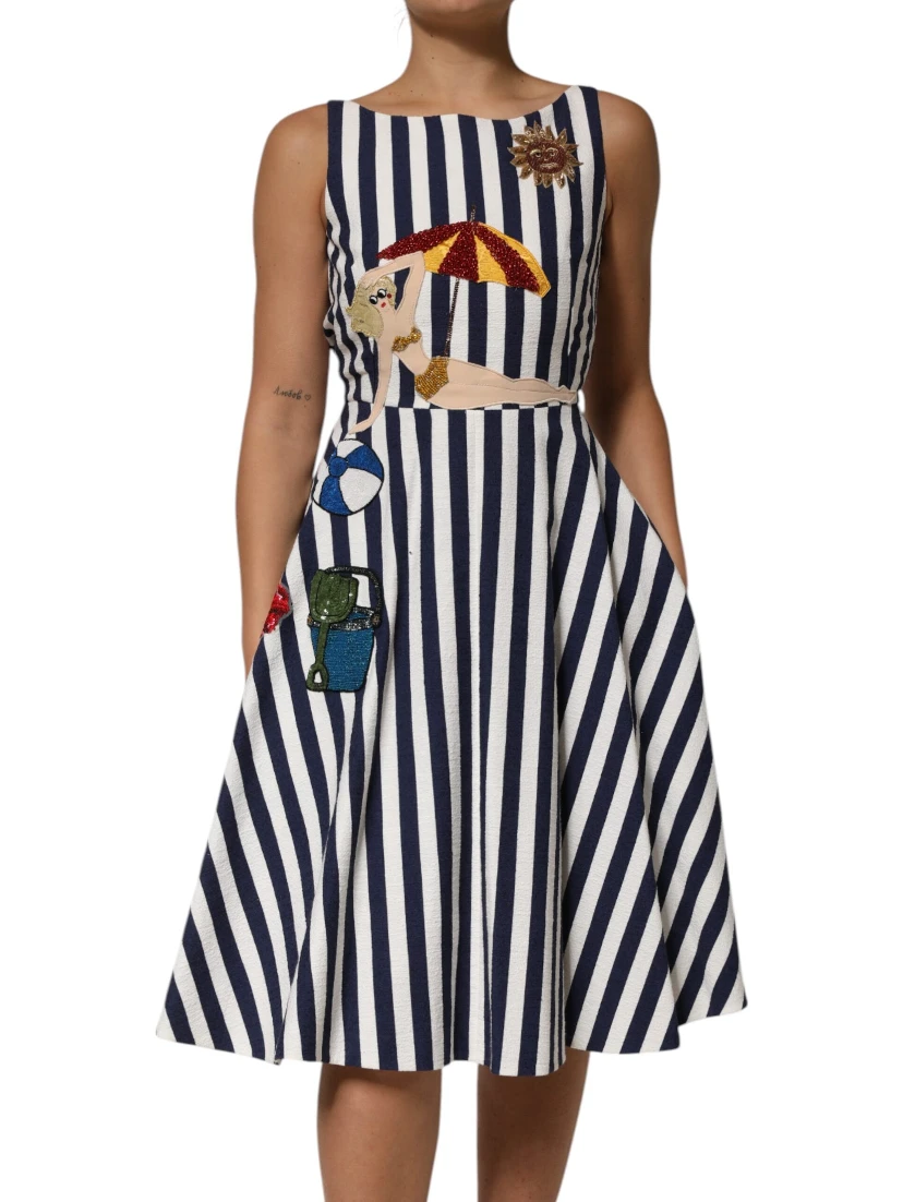 Blue White Striped Embroidered A-line Dress