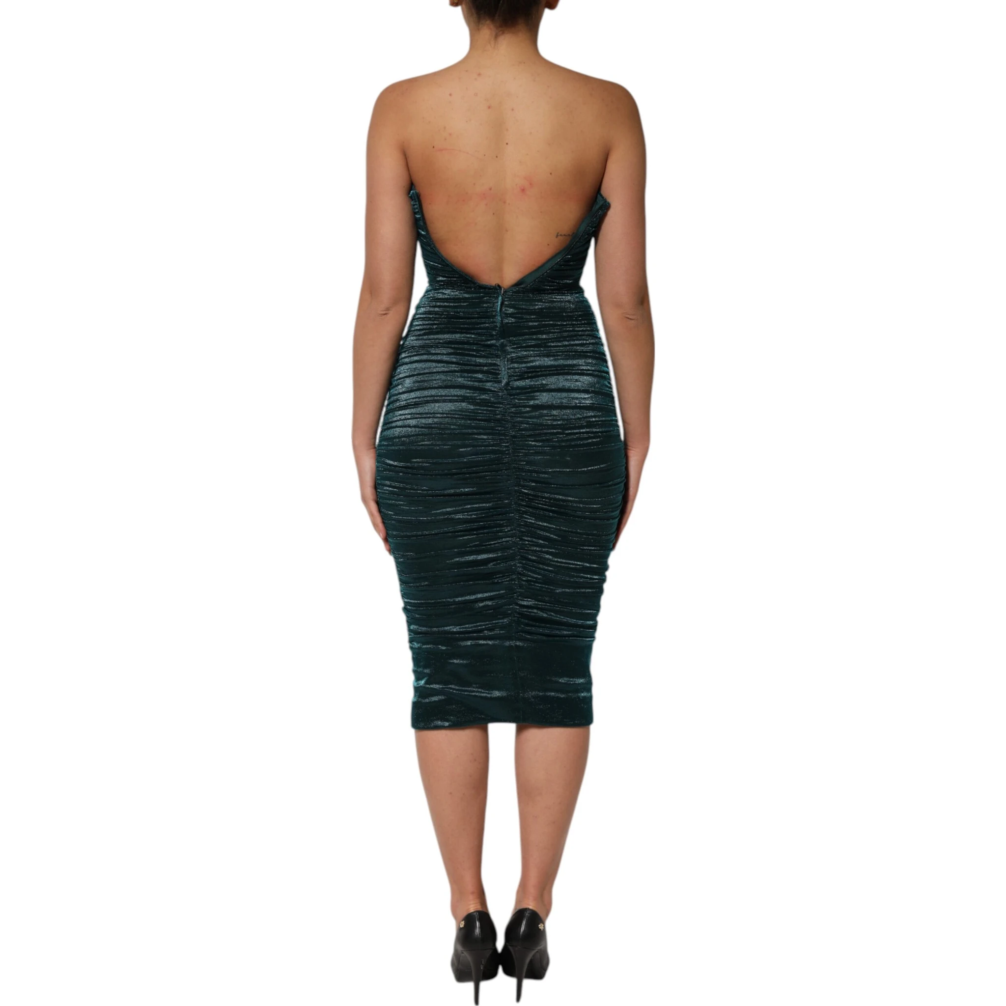 Green Silk Satin Fitted Strapless Dress