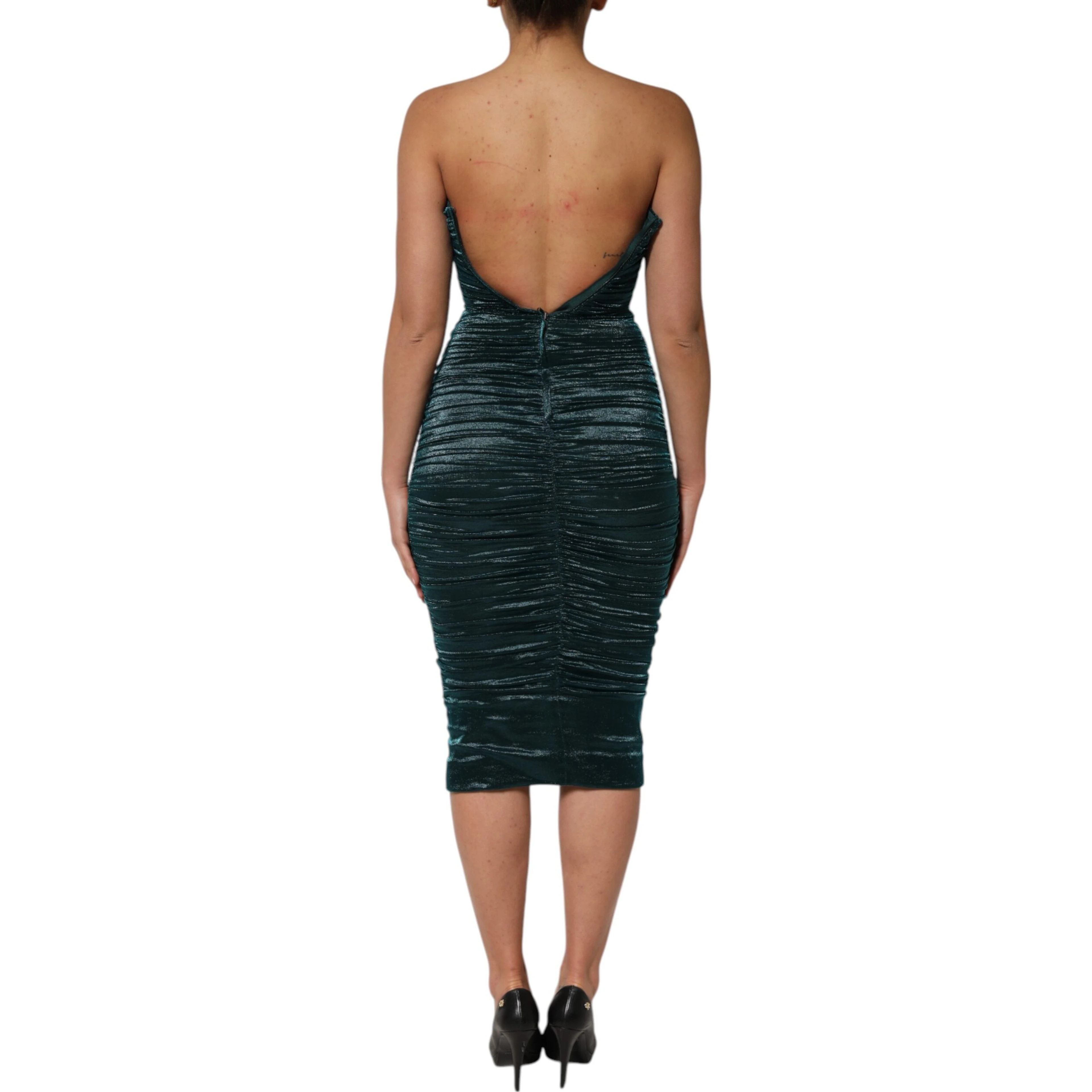 Green Silk Satin Fitted Strapless Dress