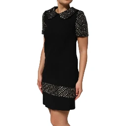 Black Crystal Embellished Collared Mini Dress