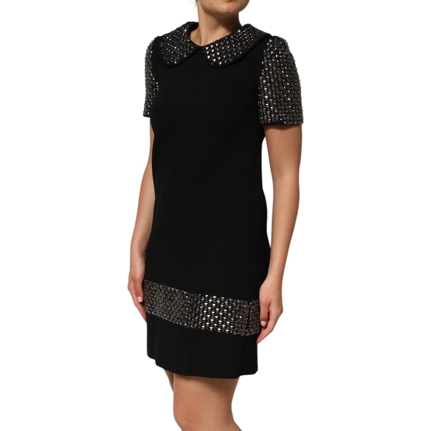 Black Crystal Embellished Collared Mini Dress