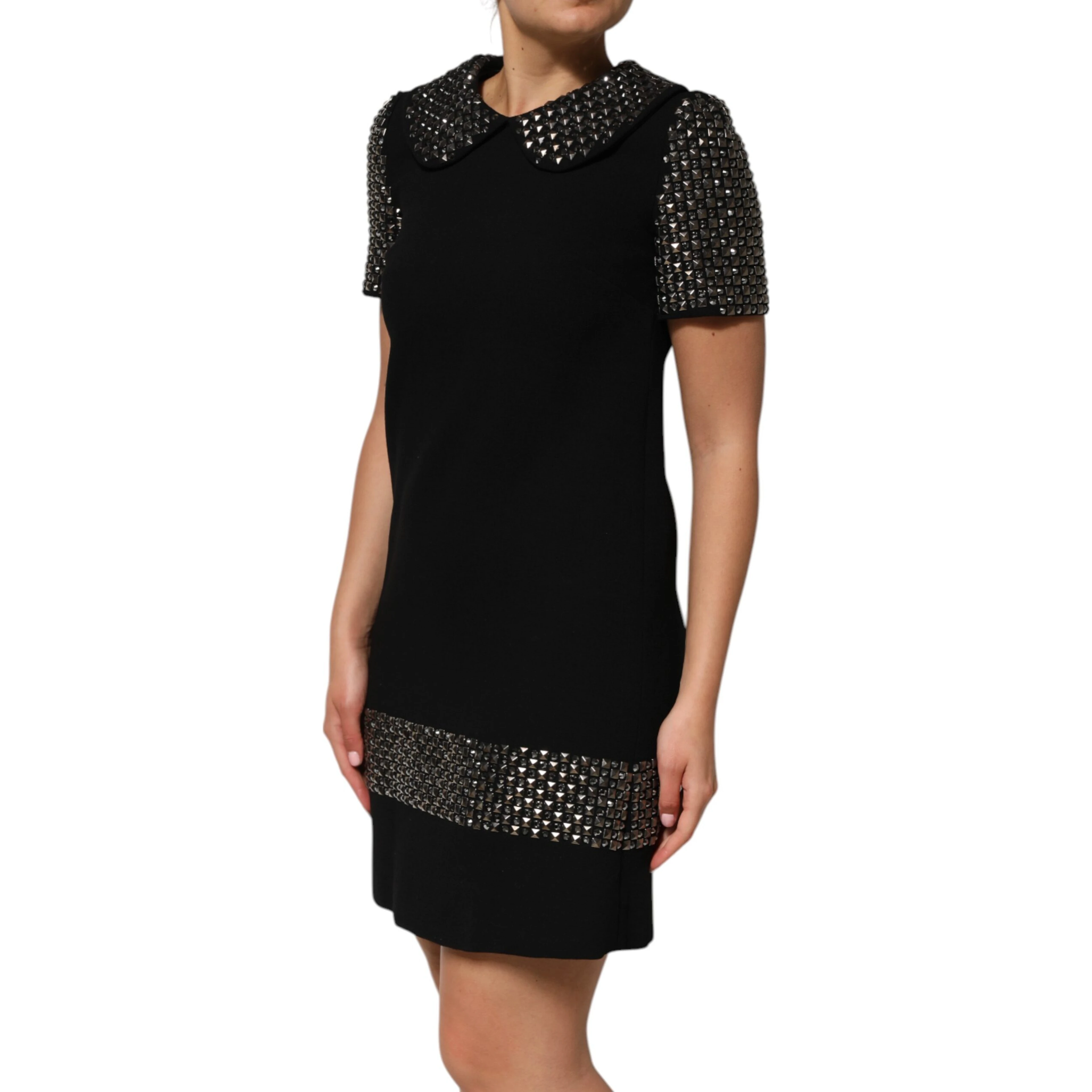 Black Crystal Embellished Collared Mini Dress