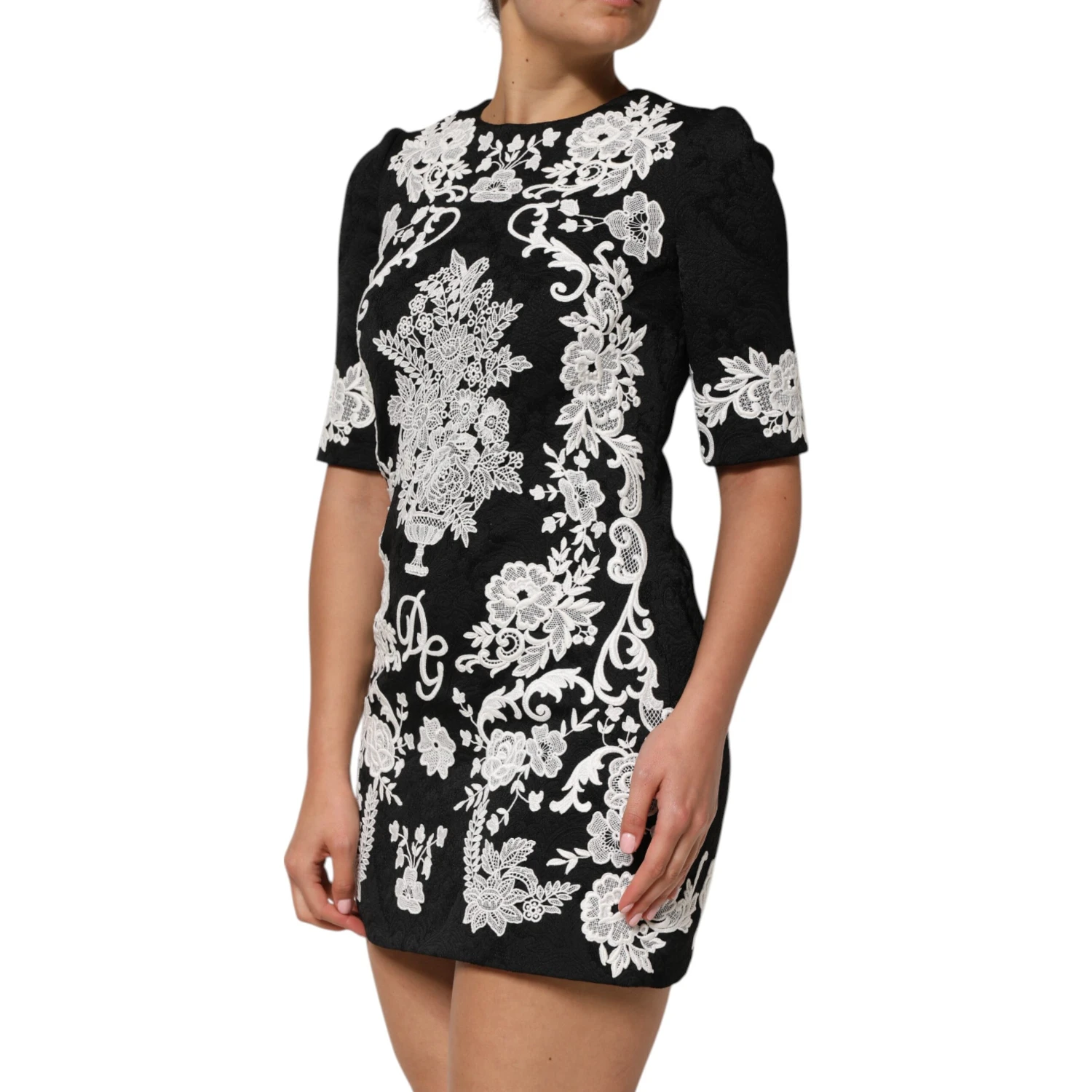 Black Lace Trim Short Sleeves A-line Dress