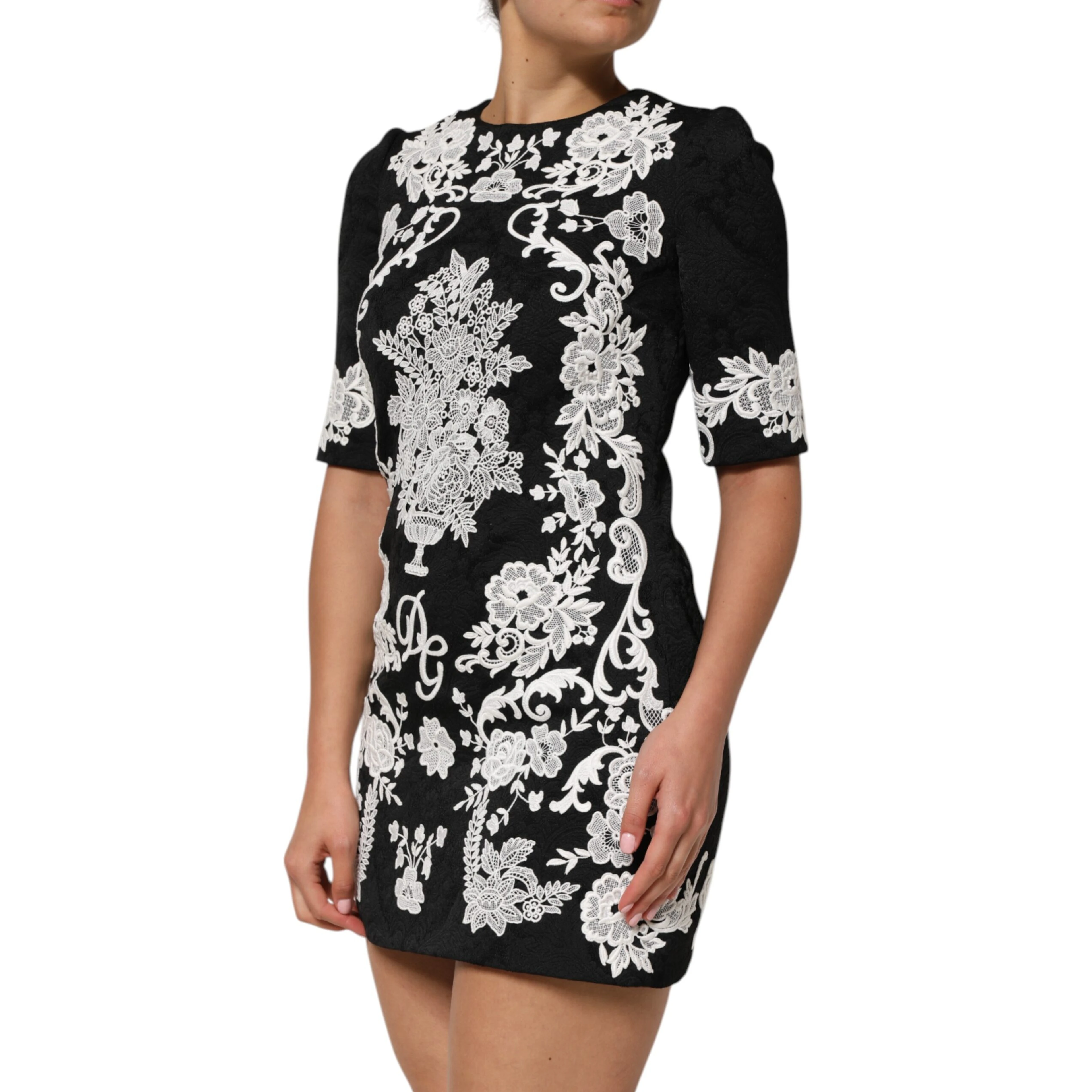 Black Lace Trim Short Sleeves A-line Dress
