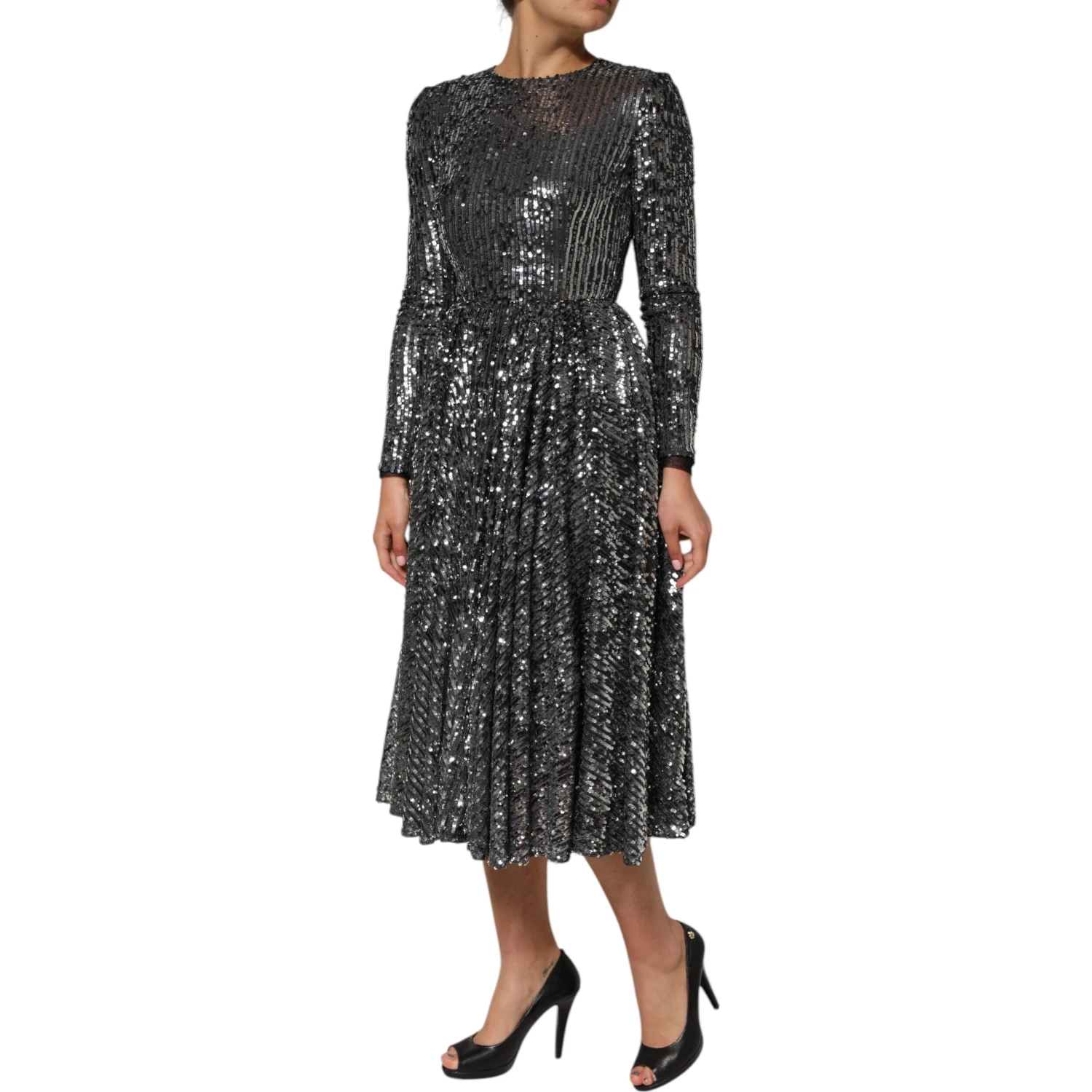 Black Sequined Long Sleeves Midi A-line Dress