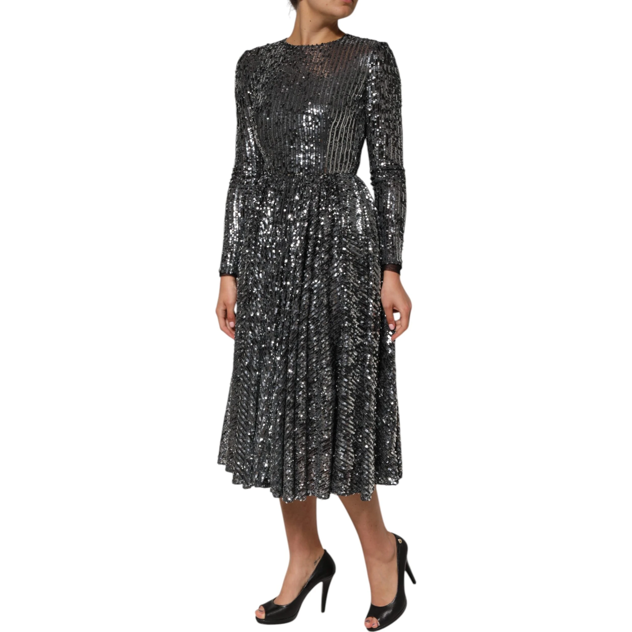 Black Sequined Long Sleeves Midi A-line  Dress