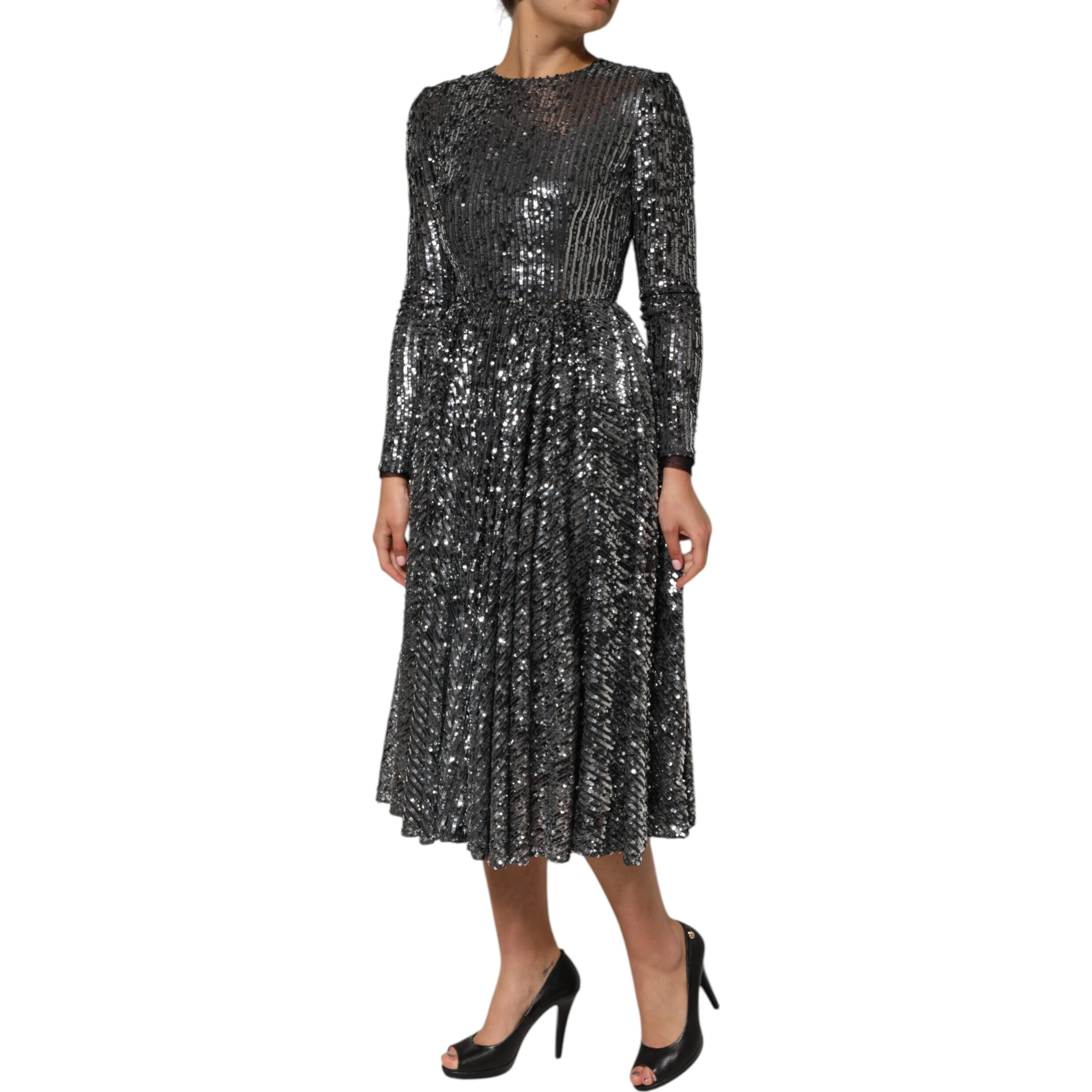 Black Sequined Long Sleeves Midi A-line  Dress