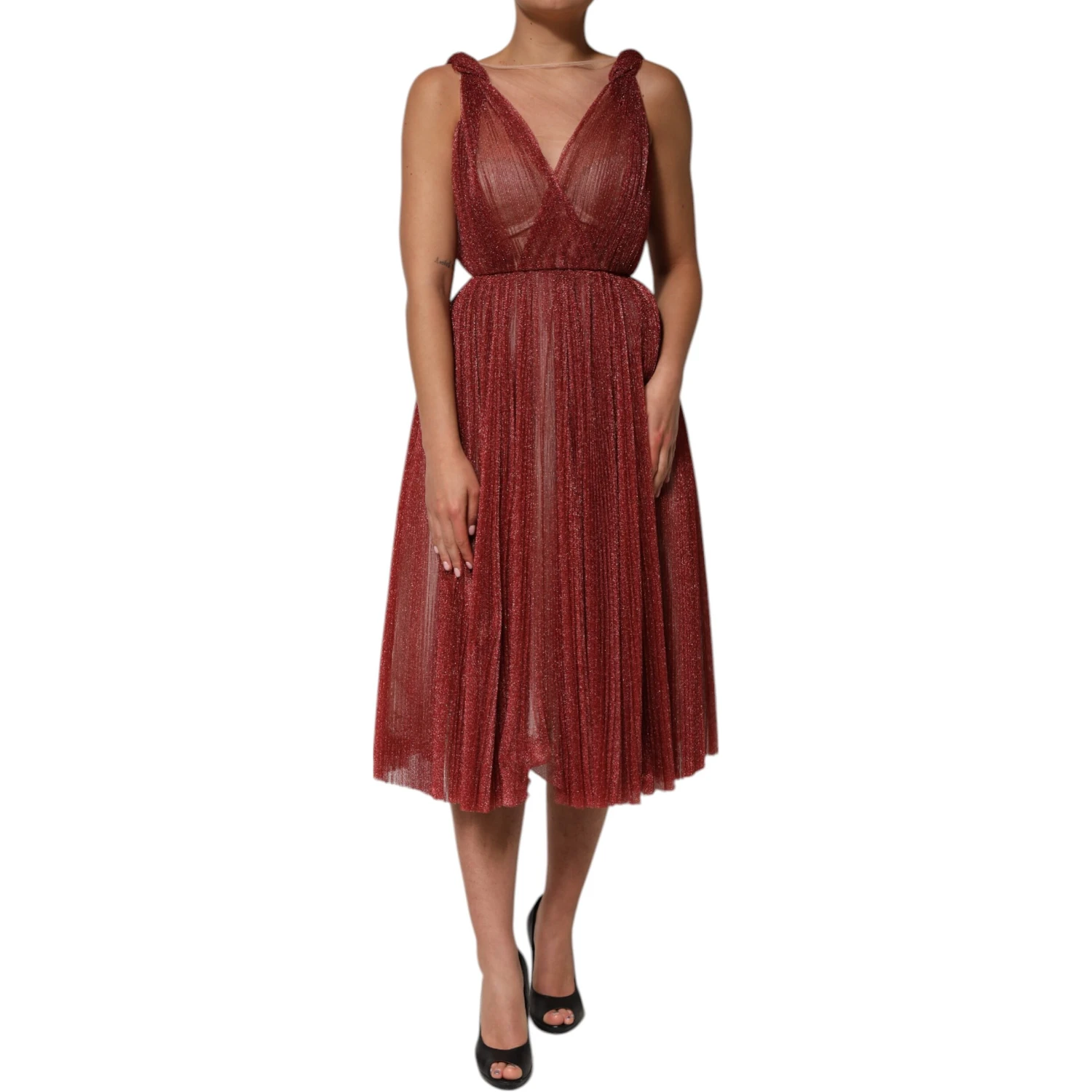 Burgundy Mesh Sleeveless Midi A-line Dress