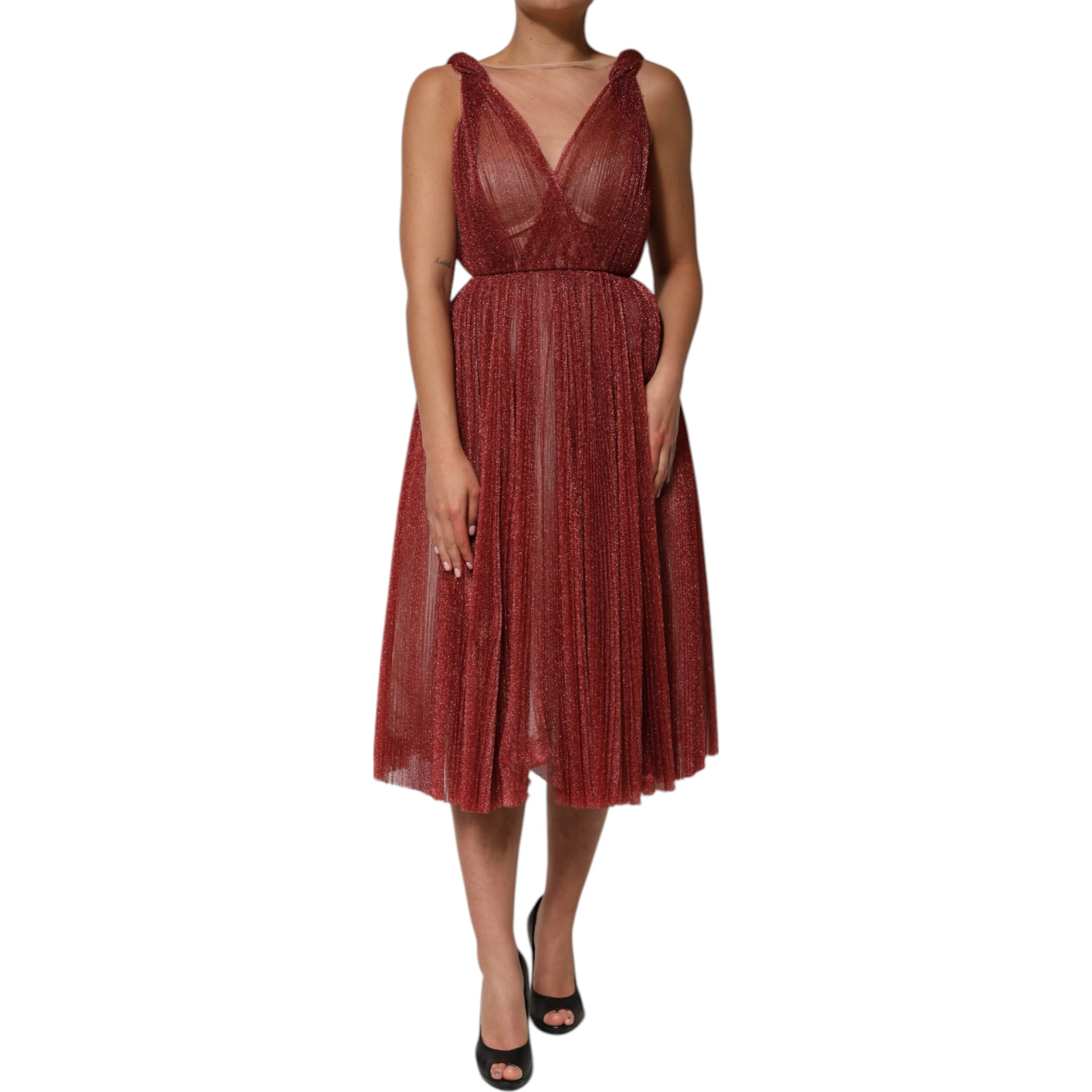 Burgundy Mesh Sleeveless Midi A-line Dress