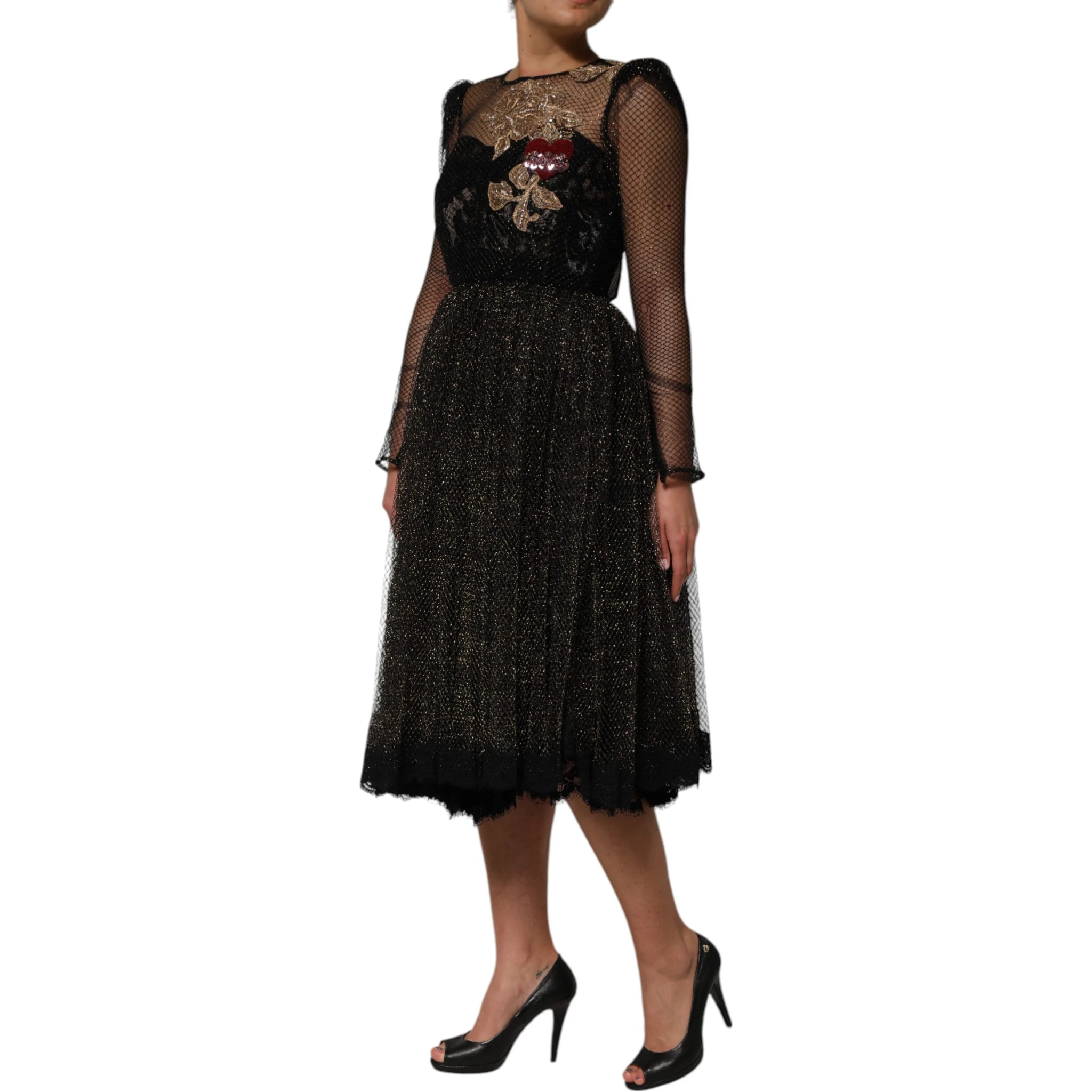 Black Crystal Heart Embellished A-line Dress