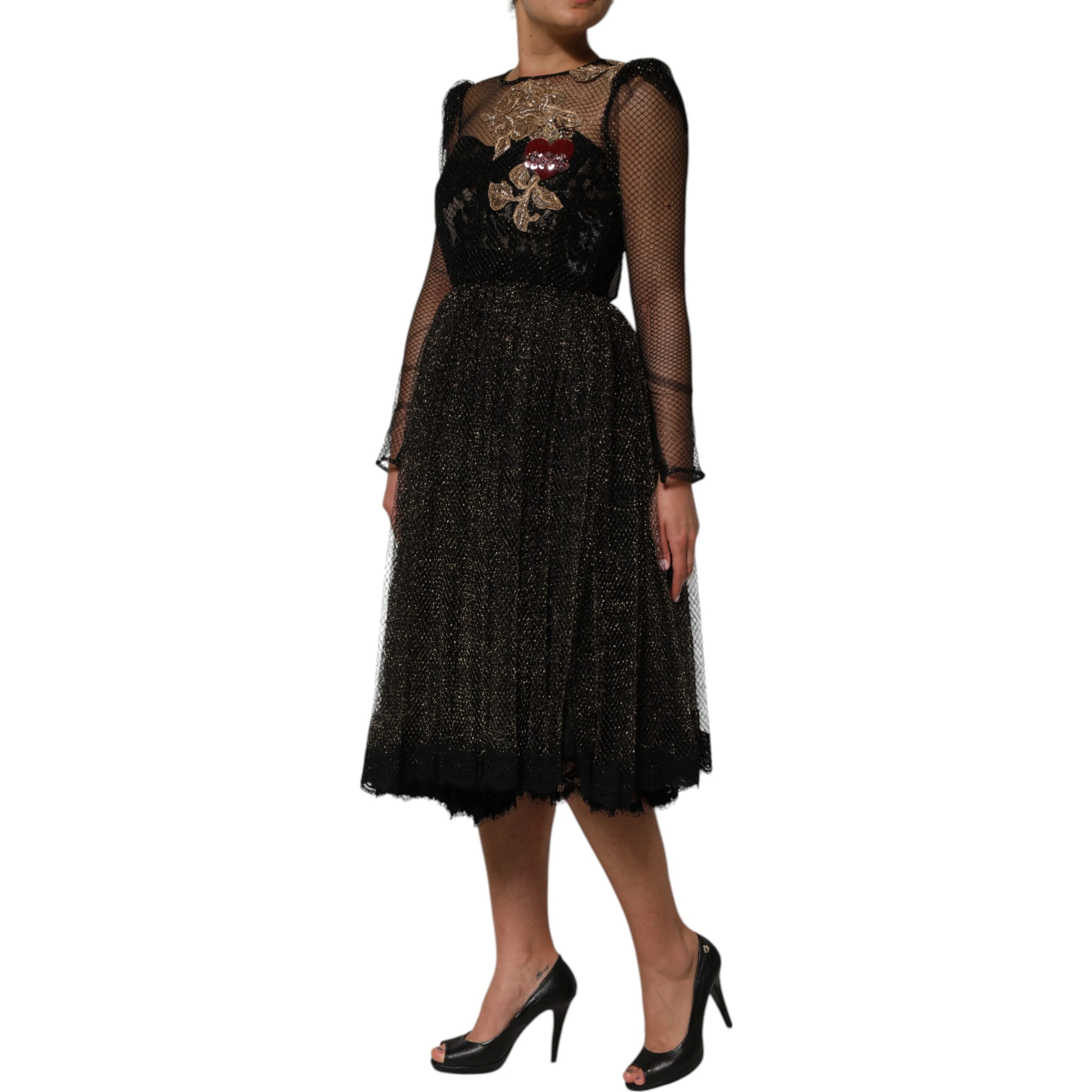 Black Crystal Heart Embellished A-line Dress