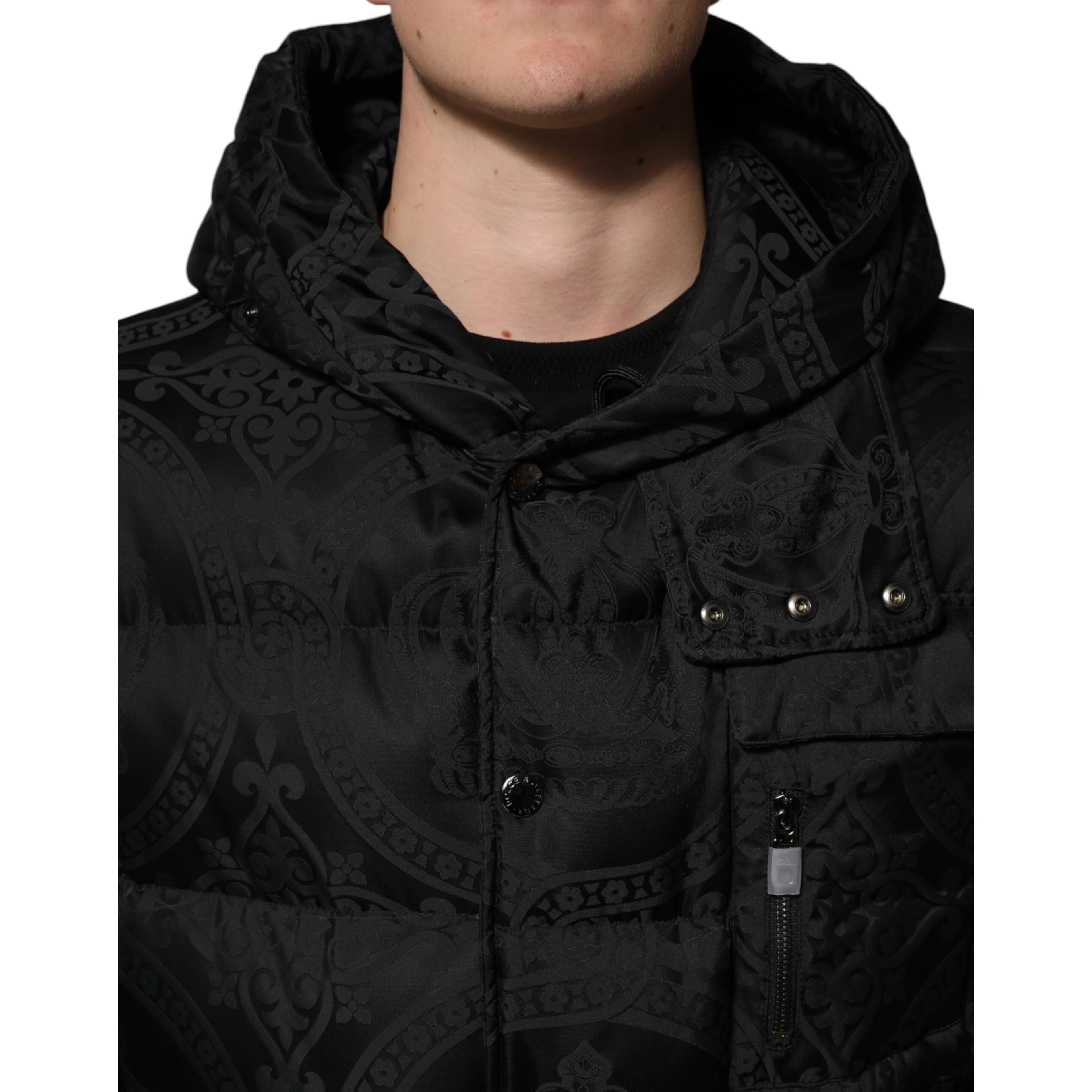 Black Jacquard Quilted Puffer Hooded Jacket