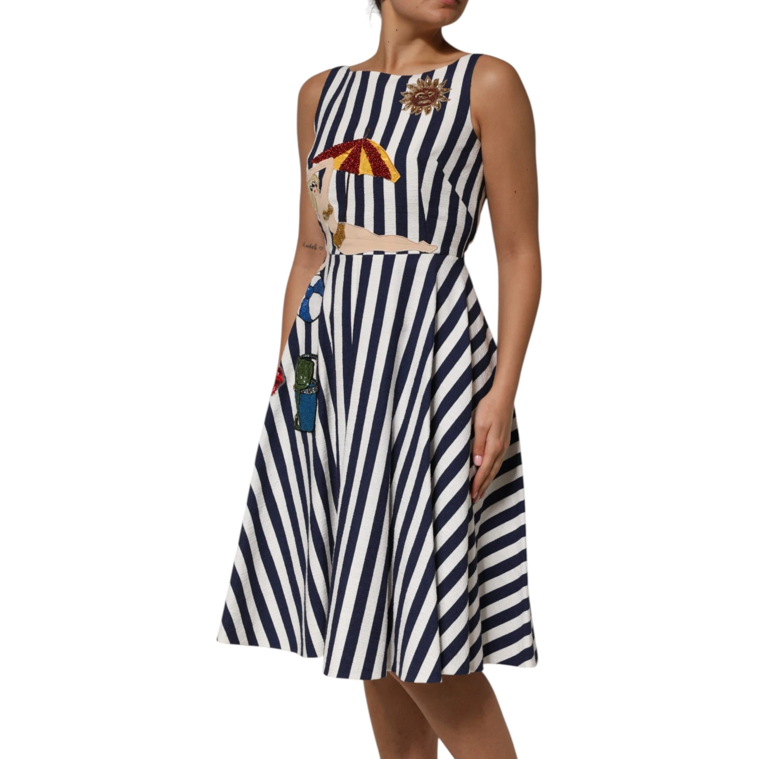 Blue White Striped Embroidered A-line Dress