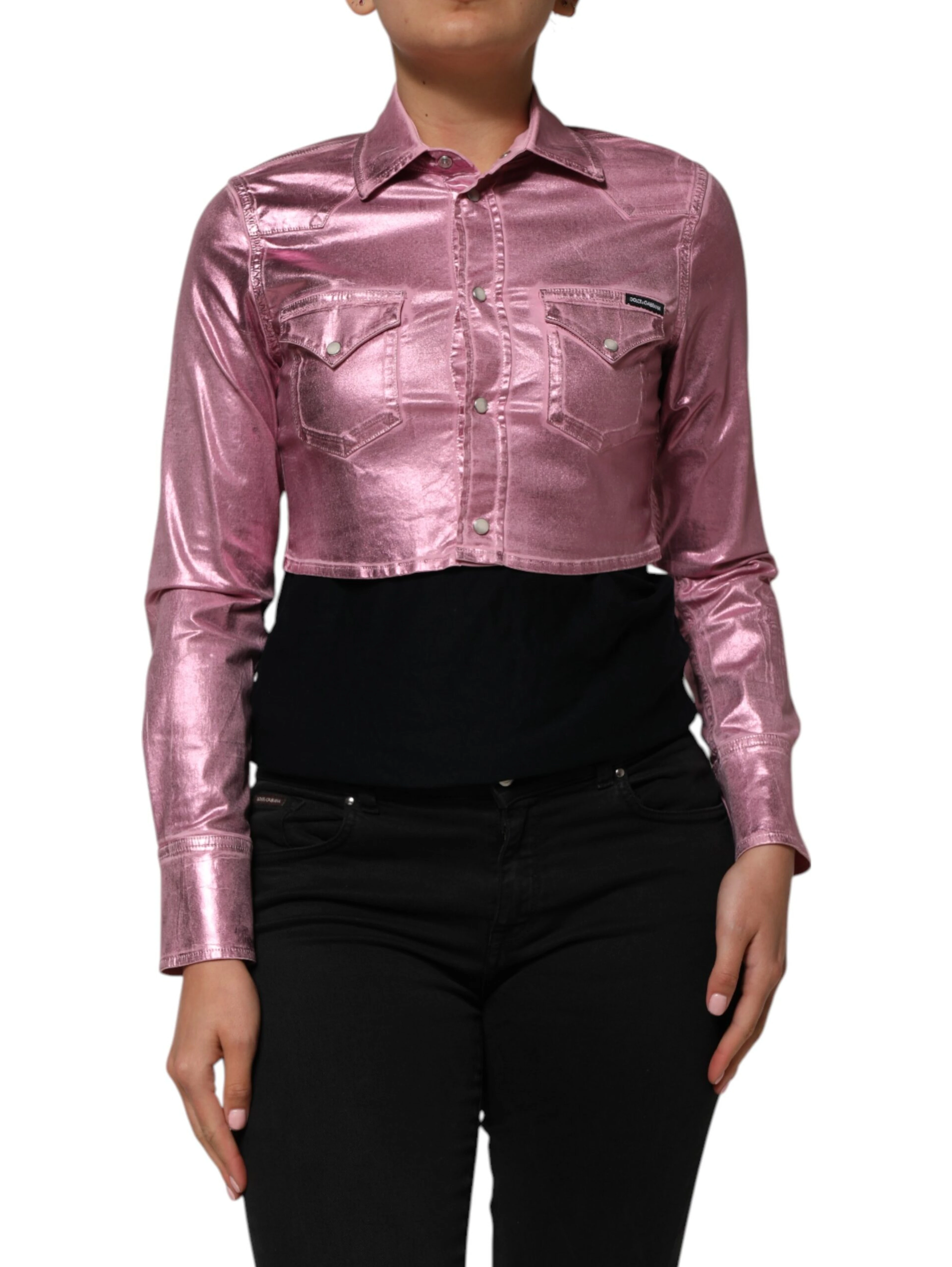 Pink Cotton Stretch Collared Cropped Jacket