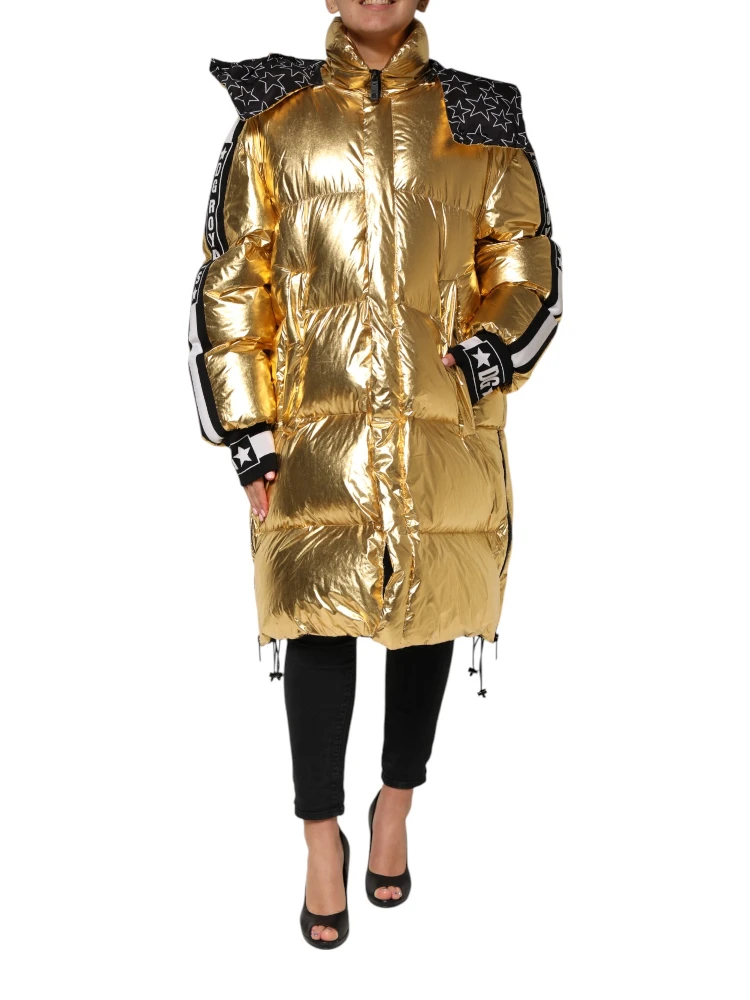 Gold Hooded Puffer Quilted Full Zip Jacket