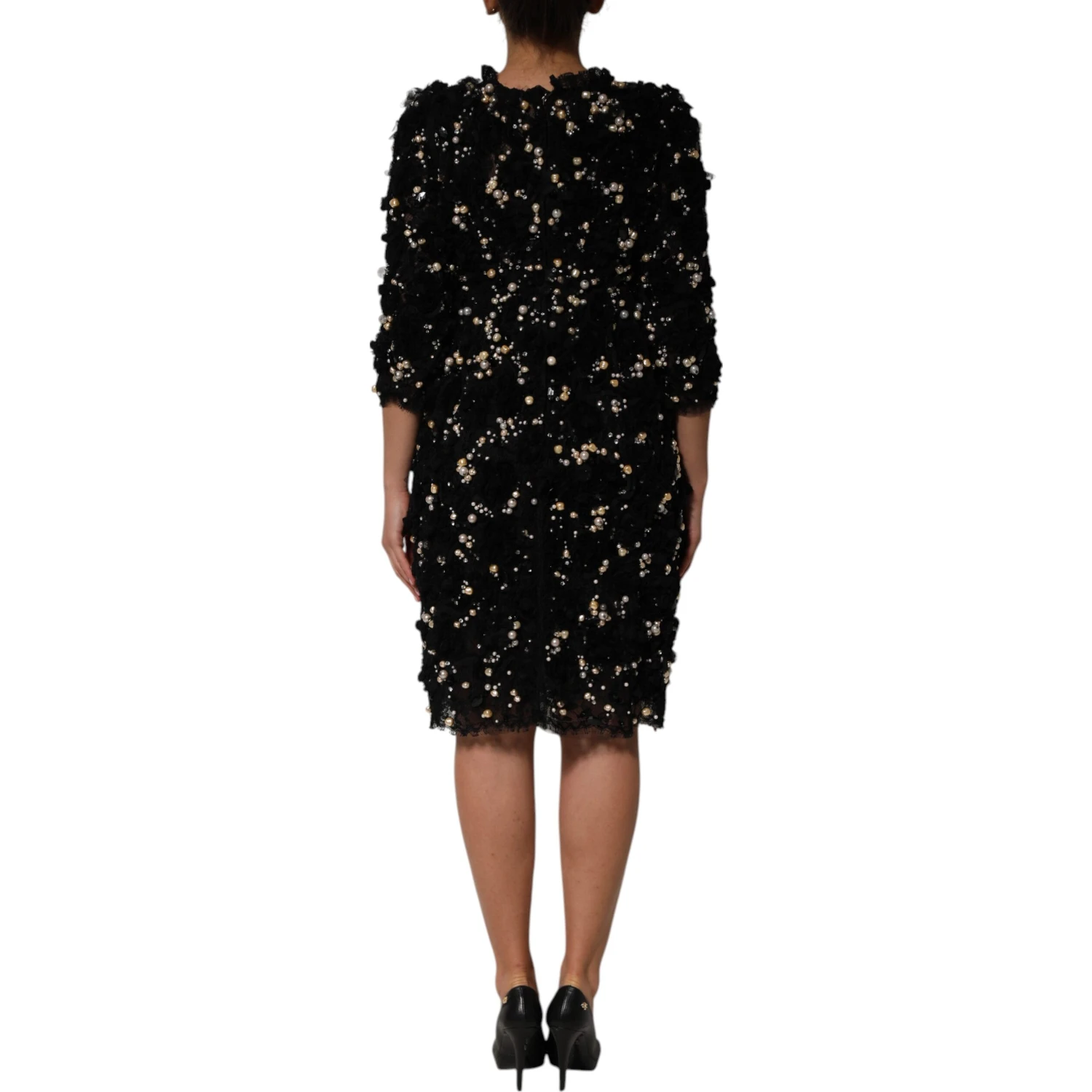 Black Viscose Pearl Embellishment Shift Dress