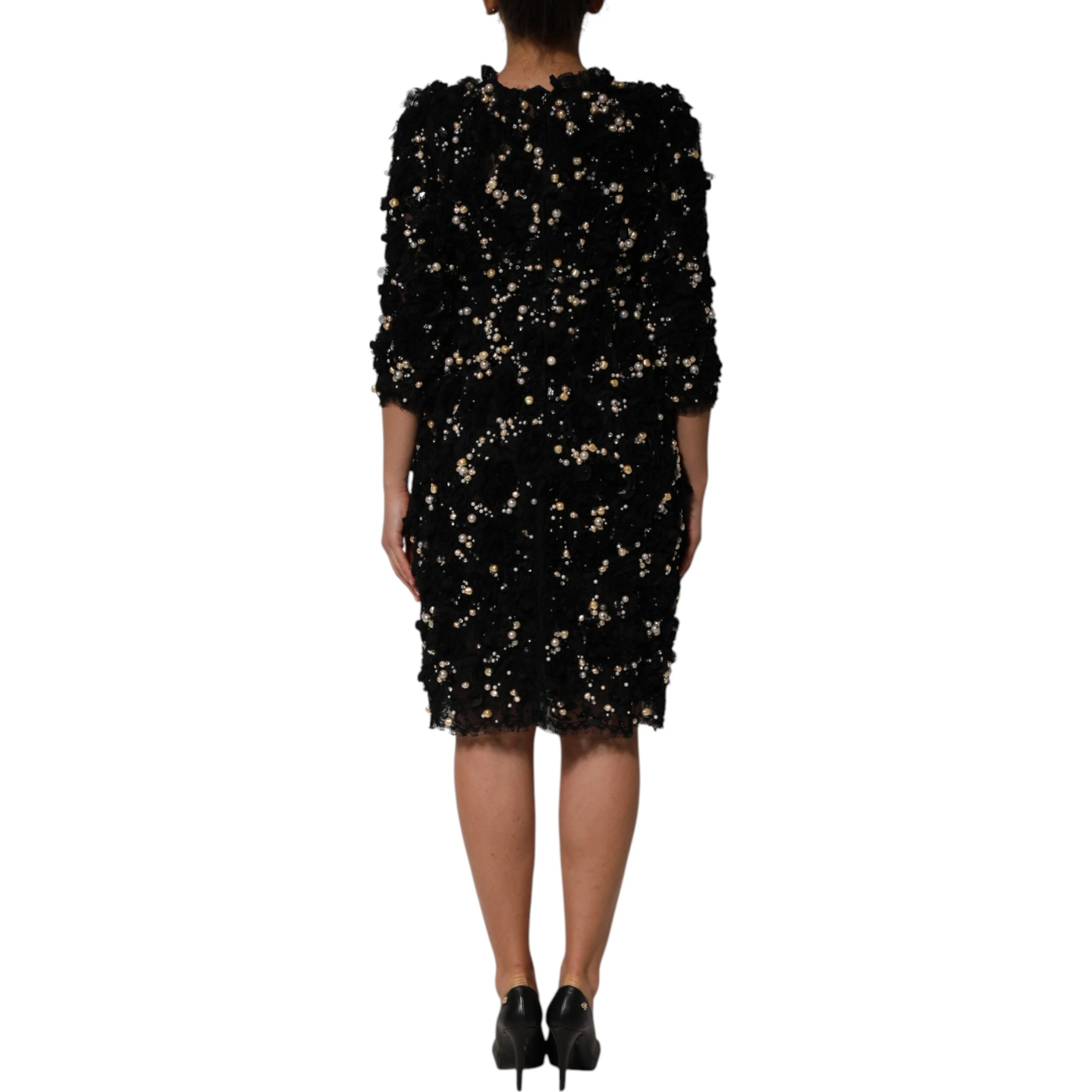 Black Viscose Pearl Embellishment Shift Dress