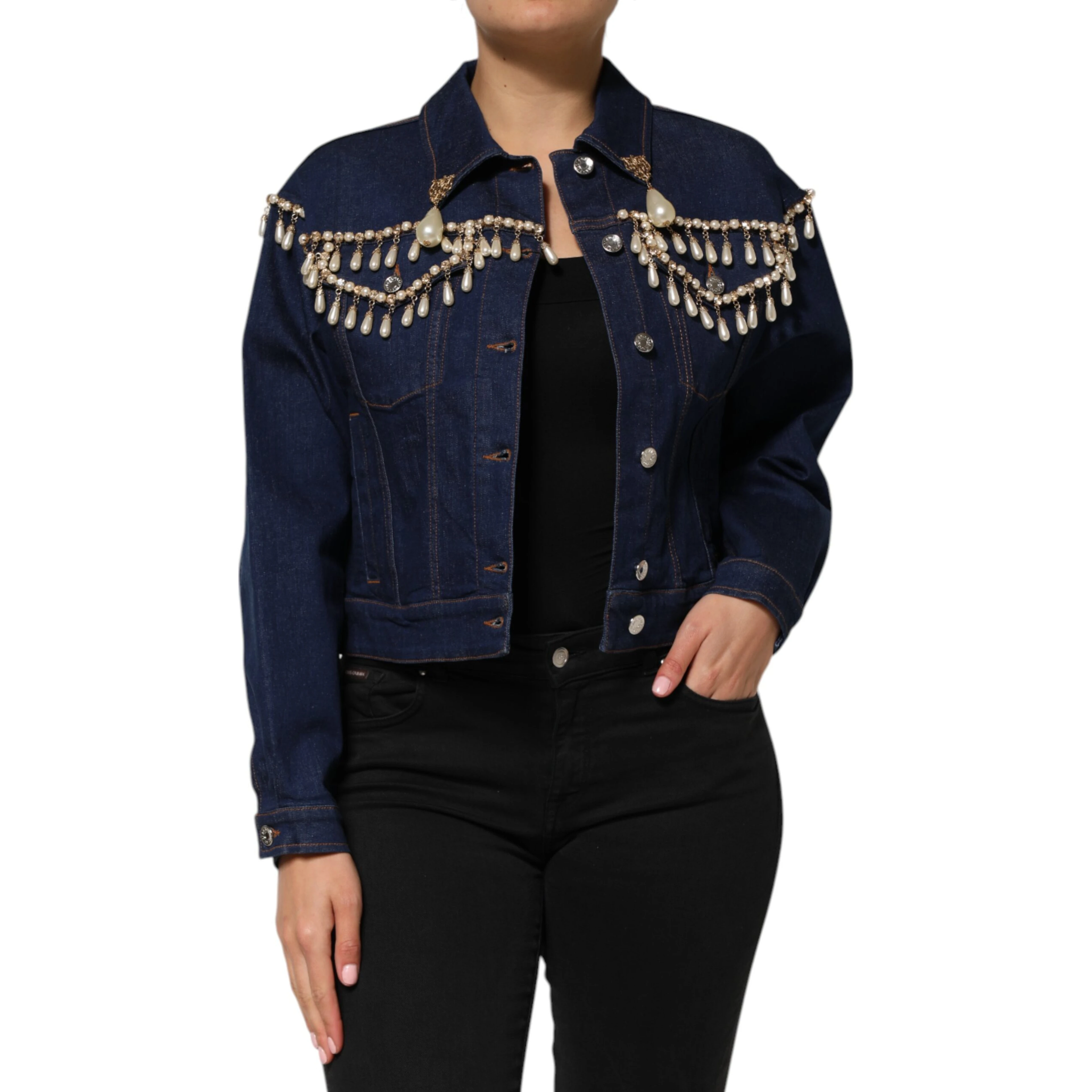 Blue Cotton Denim Crystal Embellished Jacket