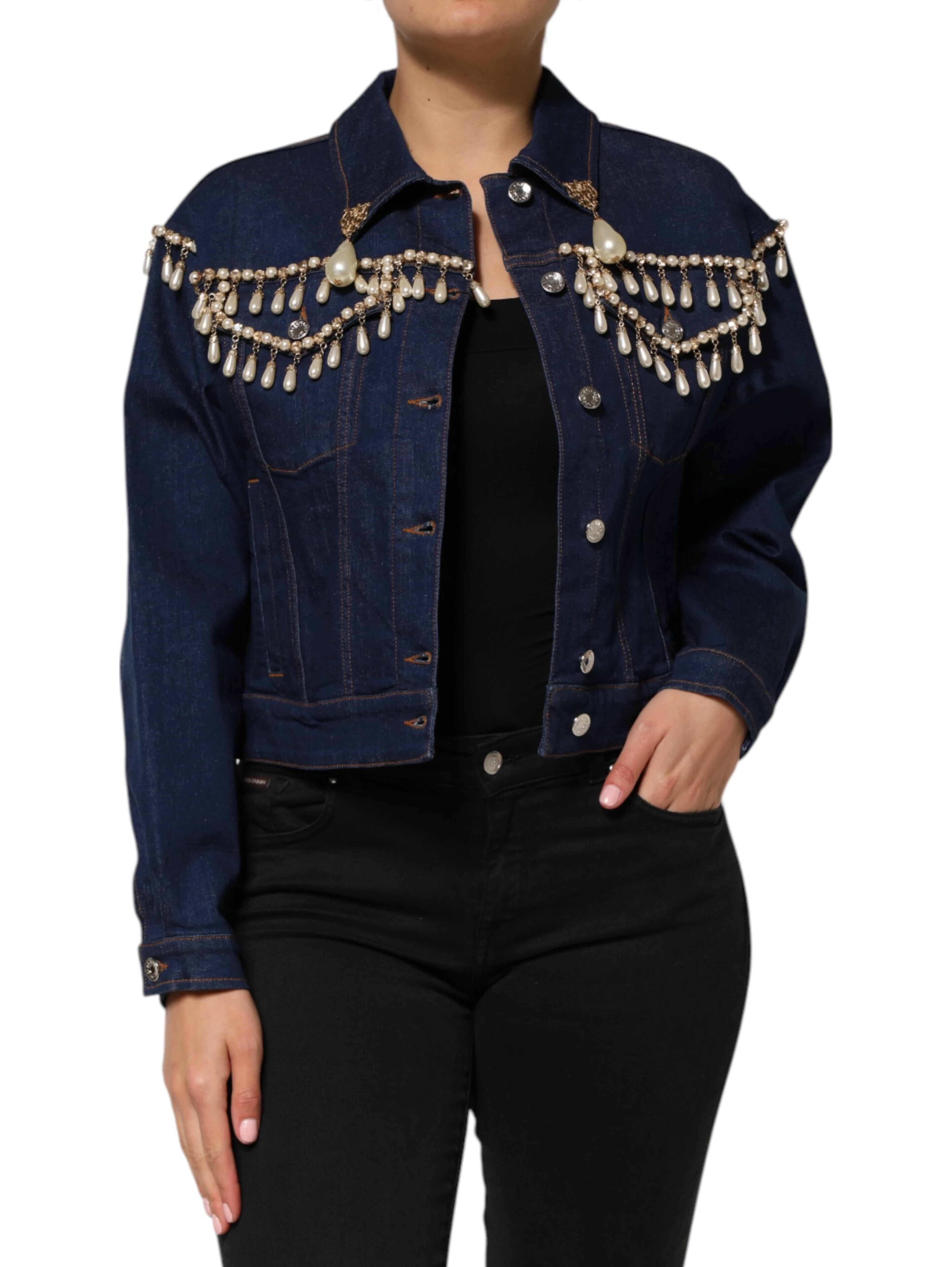 Blue Cotton Denim Crystal Embellished Jacket