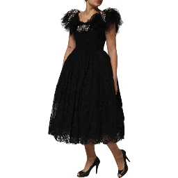 Black Crystal Embellished Midi A-line Dress
