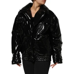 Black Polyester Quilted Puffer Coat Jacket