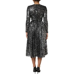 Black Sequined Long Sleeves Midi A-line  Dress