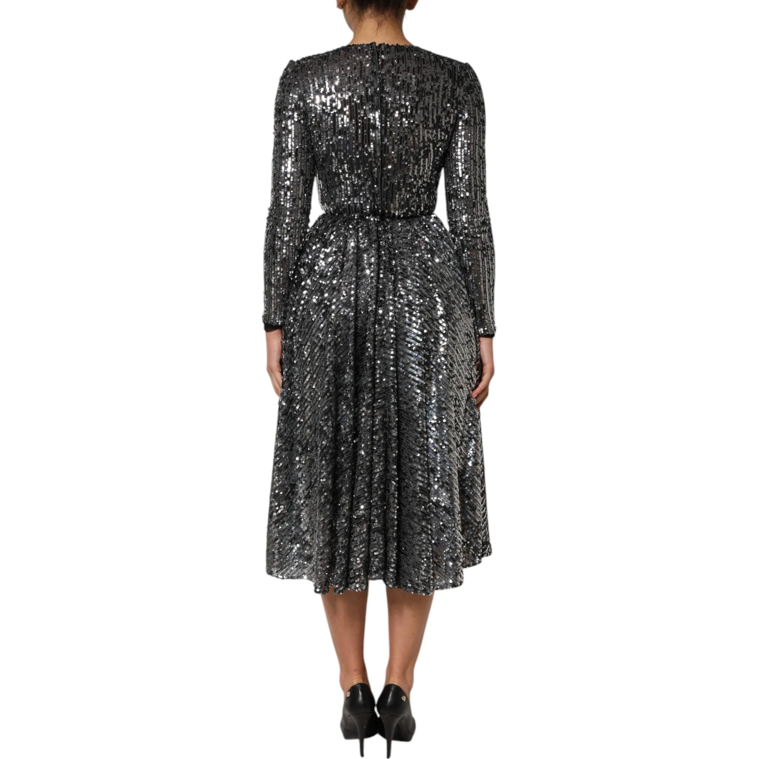 Black Sequined Long Sleeves Midi A-line Dress
