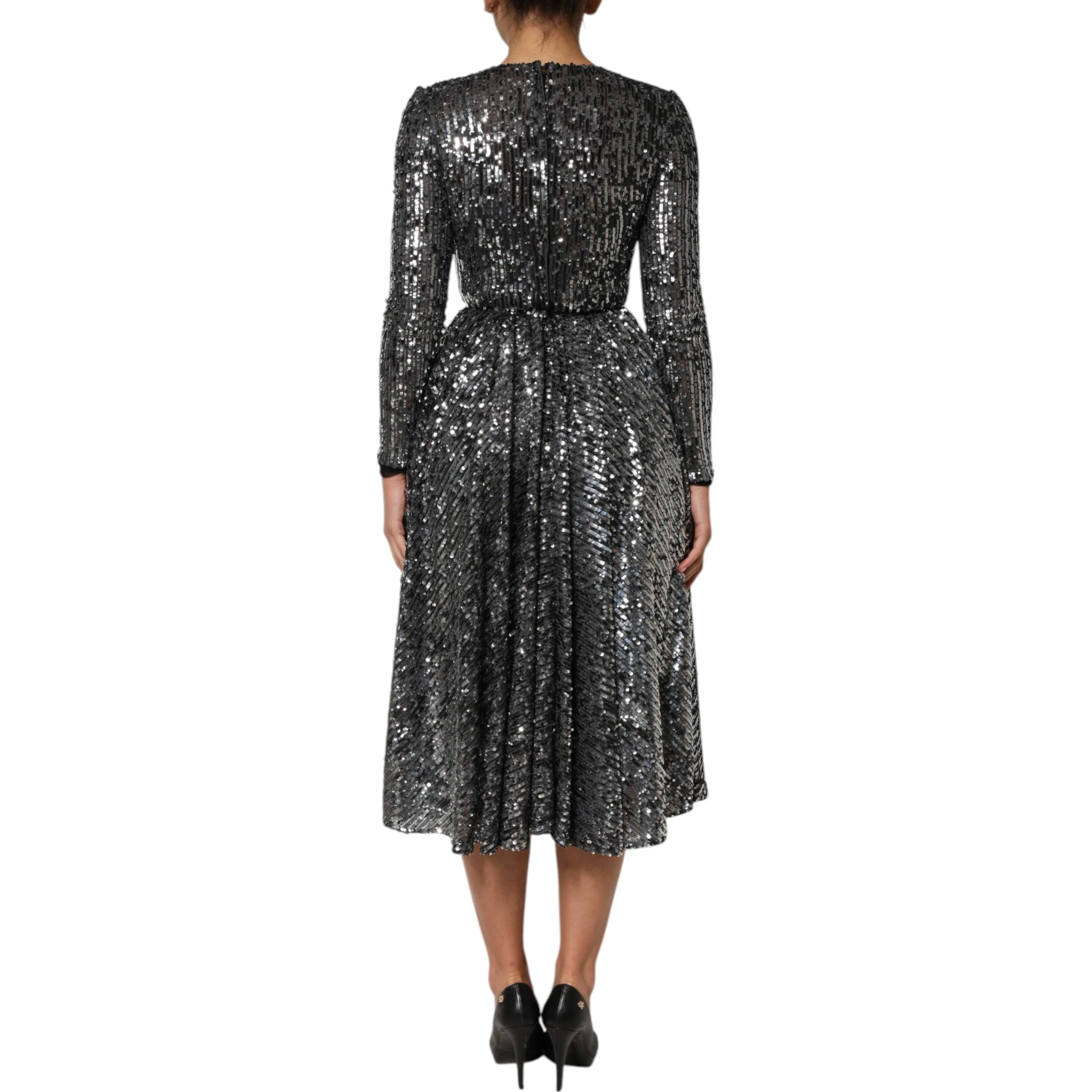 Black Sequined Long Sleeves Midi A-line  Dress