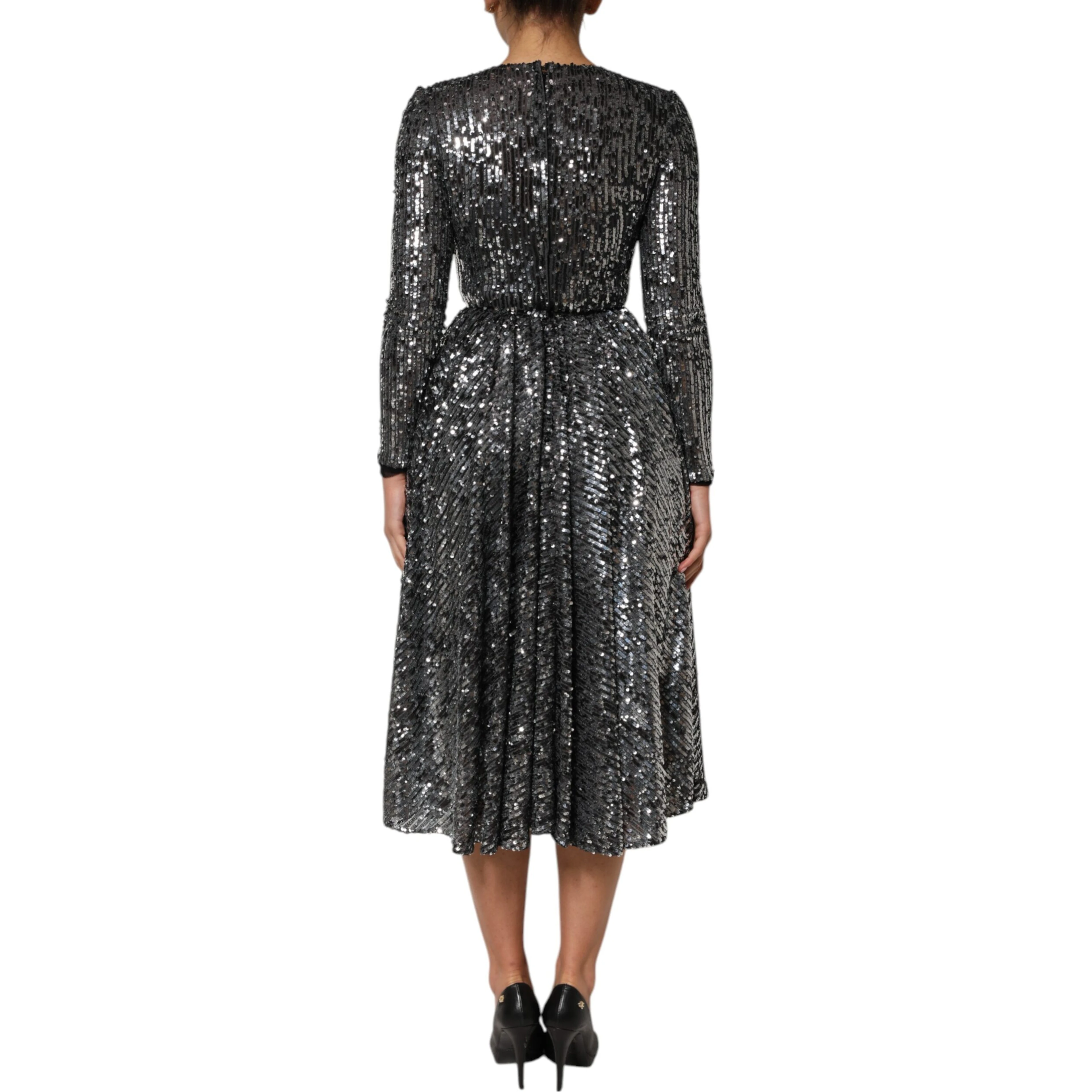 Black Sequined Long Sleeves Midi A-line  Dress