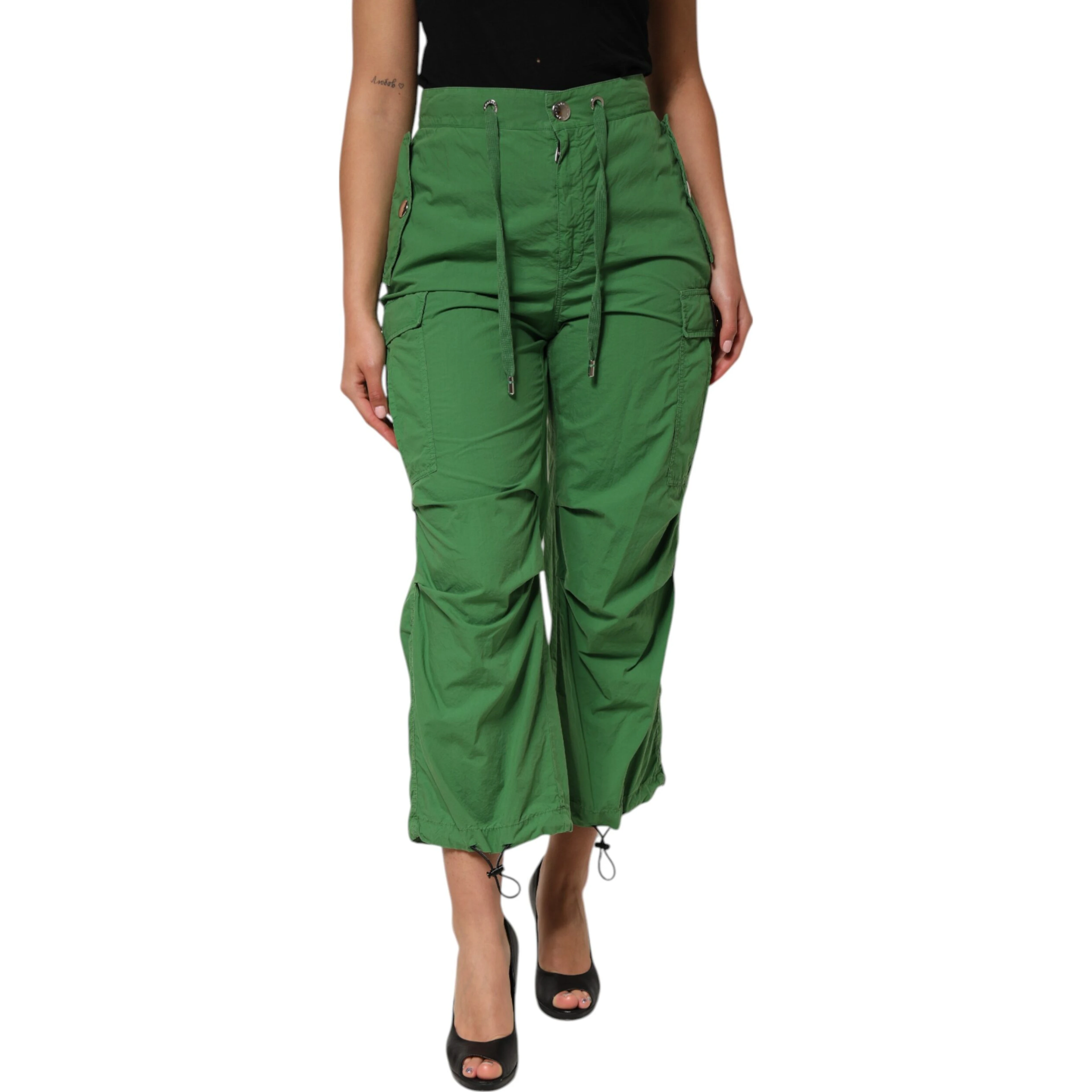 Green Cotton High Waist Cargo Trouser Pants