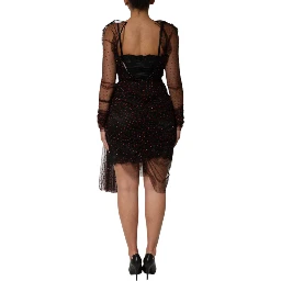Black Lace Trim Long Sleeve Sheath Mini Dress