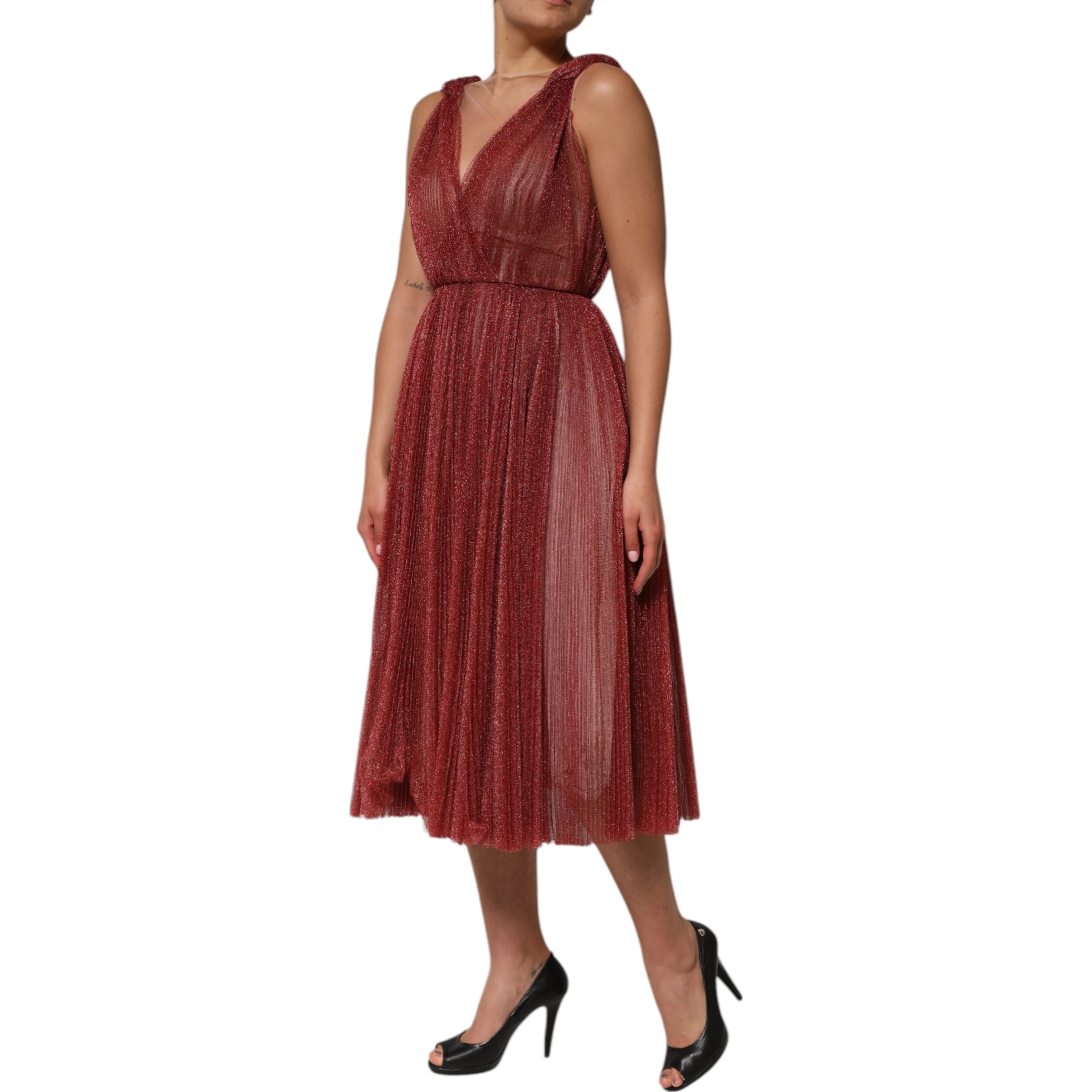 Burgundy Mesh Sleeveless Midi A-line Dress