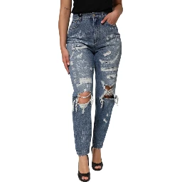 Blue Tattered High Waist Women Denim Jeans