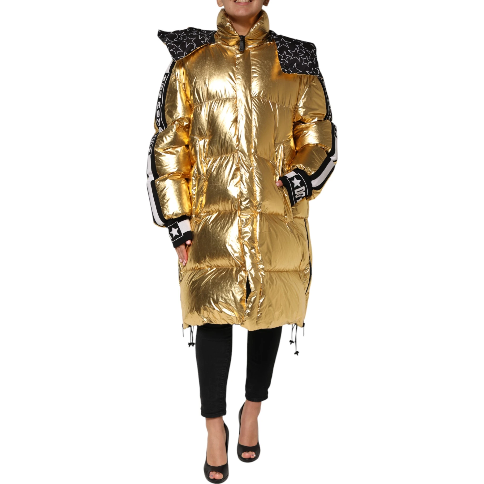 Gold Hooded Puffer Quilted Full Zip Jacket
