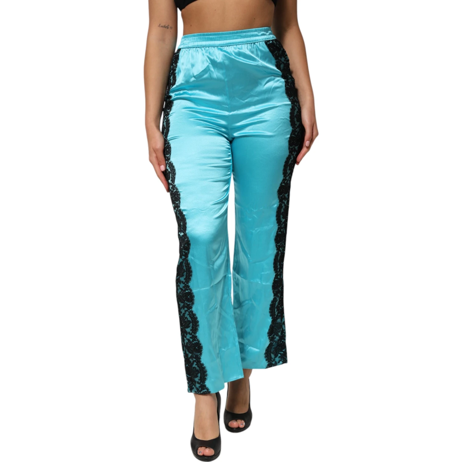 Blue Silk Garterized Straight Women Pajama Pants